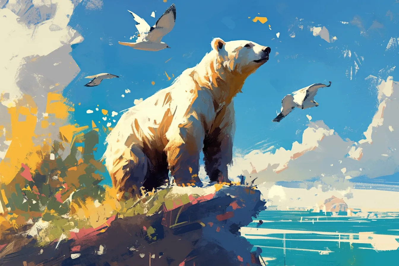 海辺の崖のくまの絵｜白いくまが海辺の崖に立つ姿を描いたくまの絵は、力強さと雄大さを兼ね備えたビジネス写真素材です。環境や野生動物テーマの演出に役立ちます。