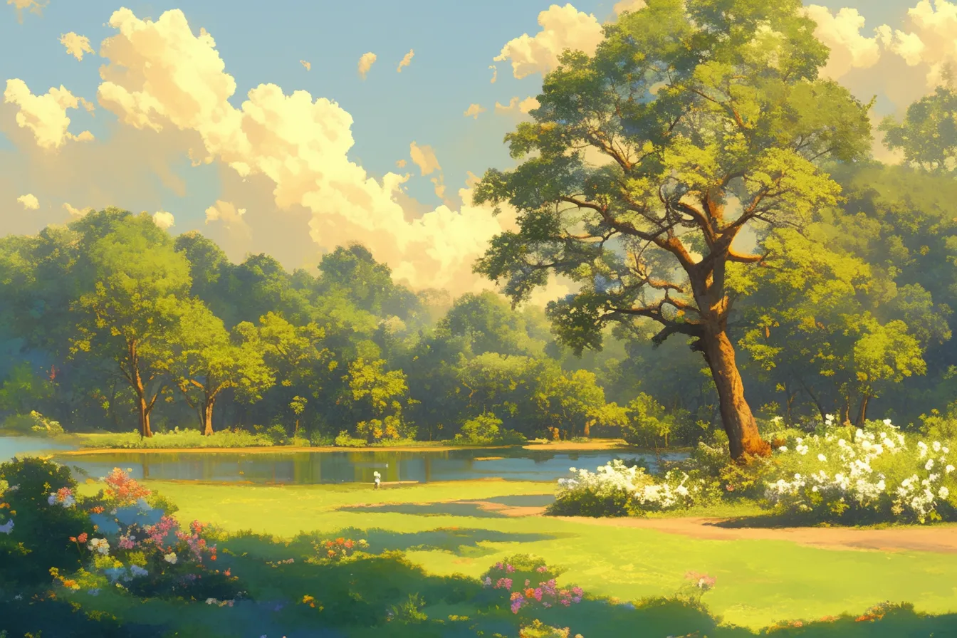 湖畔に咲く花々と公園の絵｜湖の周囲に木々と花が彩りを添え、穏やかな自然景観を描いています。奥行きのある構図と柔らかな色彩が魅力で、ビジネス写真素材としてリゾート感や休暇の雰囲気を表現できます。