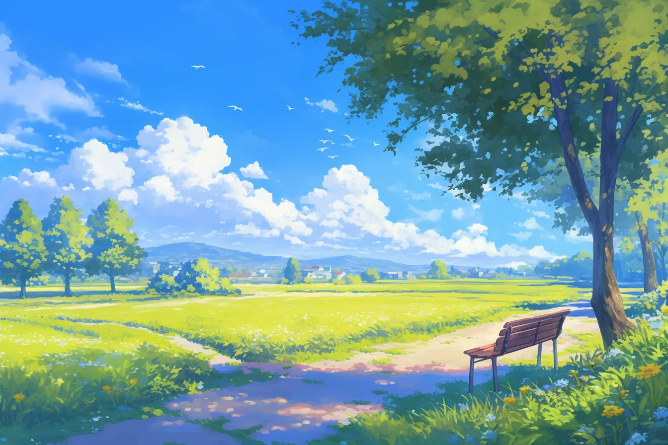広がる空とベンチの公園の絵｜ベンチ越しに広がる青空と緑の景色が描かれ、清々しい解放感を感じさせます。軽やかなタッチでまとめられており、ビジネス写真素材として自然の美しさやリフレッシュ感を表現するのに適しています。