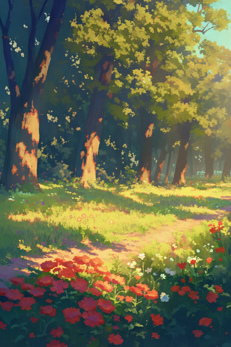 花畑に彩られた木の絵｜木漏れ日が差し込む森の中で赤や白の花が咲き誇る風景が描かれています。柔らかな光と豊かな彩色が印象的で、ビジネス写真素材として自然の美しさや季節感を伝える用途に適しています。