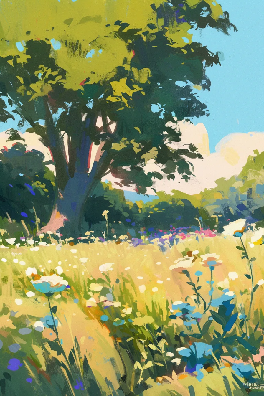 青空に映える草原と木の絵｜広がる草原の中に堂々と立つ木が描かれ、明るく爽やかな色彩でまとめられています。緑と青のコントラストが鮮やかで、ビジネス写真素材として清涼感や自然の魅力を表現する場面に最適です。