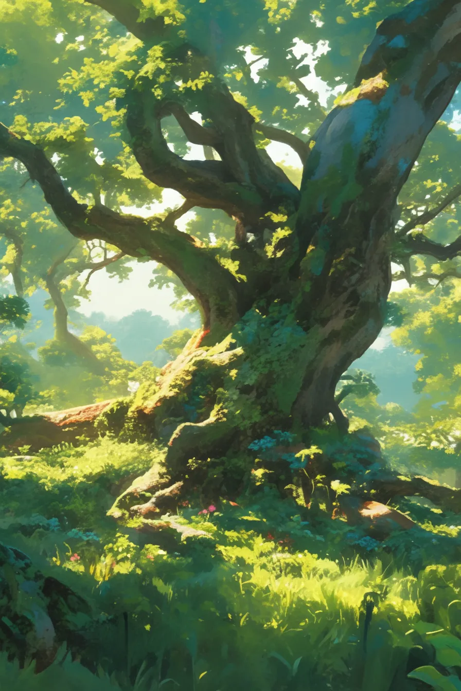 苔むした幹が特徴的な木の絵｜苔や草に覆われた幹が存在感を放ち、豊かな森の奥行きを感じさせる描写です。リアルで温かみあるタッチが特徴で、ビジネス写真素材として自然の生命力を表現する用途に適しています。