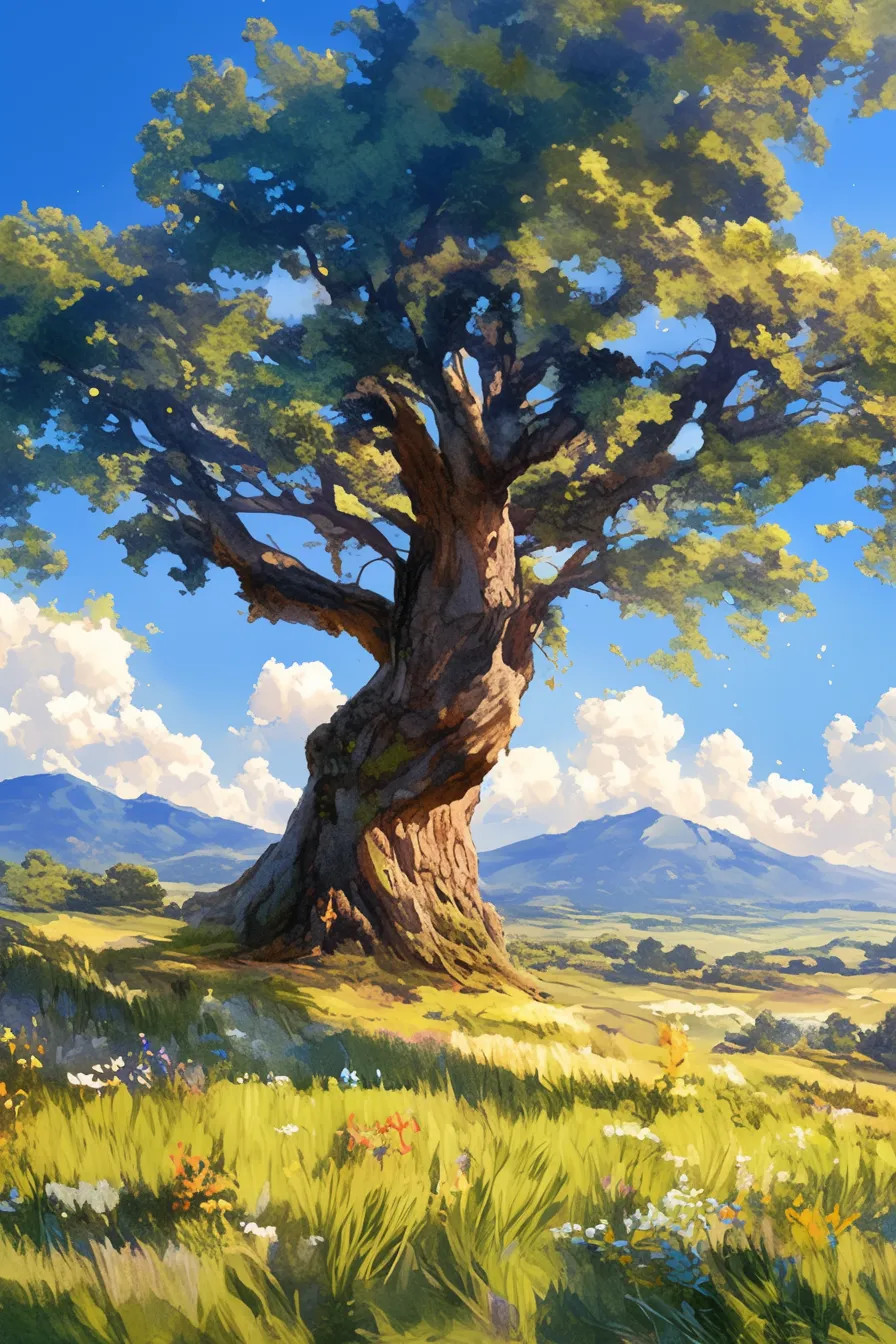 広大な草原に立つ大樹の木の絵｜青空と山々を背景に一本の大樹が描かれ、雄大な自然のスケール感を表現しています。鮮やかな光と影の対比が美しく、ビジネス写真素材として信頼感やスケール感を伝えるシーンに適しています。