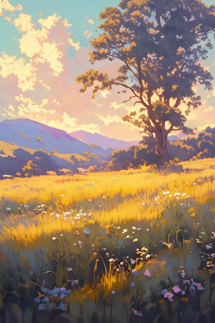 夕暮れの草原に立つ木の絵｜黄金色の草原に影を落とす木が描かれ、空の色彩とのコントラストが美しい構図です。暖色と寒色の調和が特徴で、ビジネス写真素材として落ち着きや余韻を伝える利用に適しています。