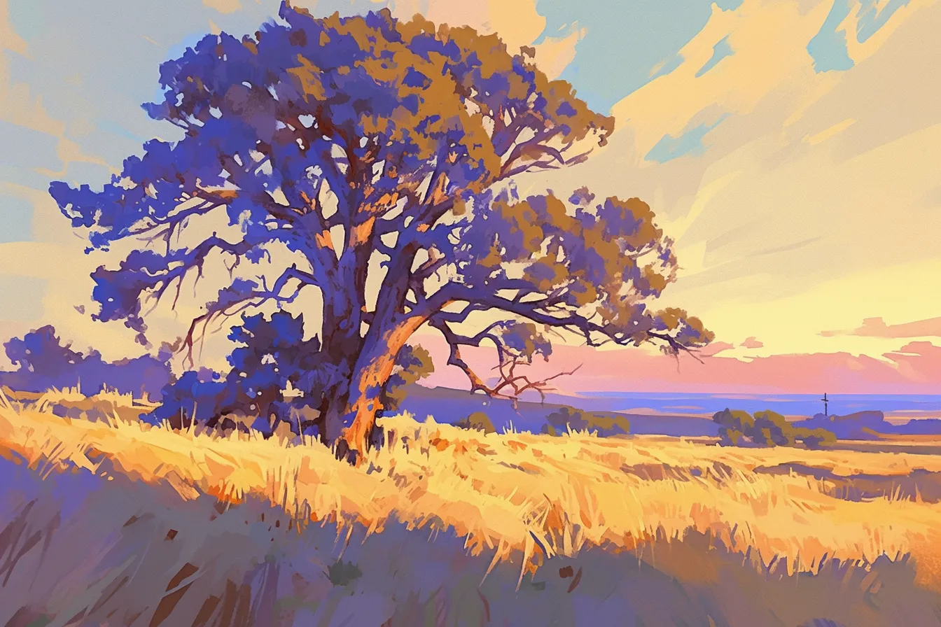 温かい筆致で描かれた木の絵｜柔らかなタッチで描かれた木が草原に映え、夕暮れの空の色彩と調和しています。印象派風の鮮やかさが特徴で、ビジネス写真素材として温もりや芸術的な雰囲気を表現する場面に活用できます。