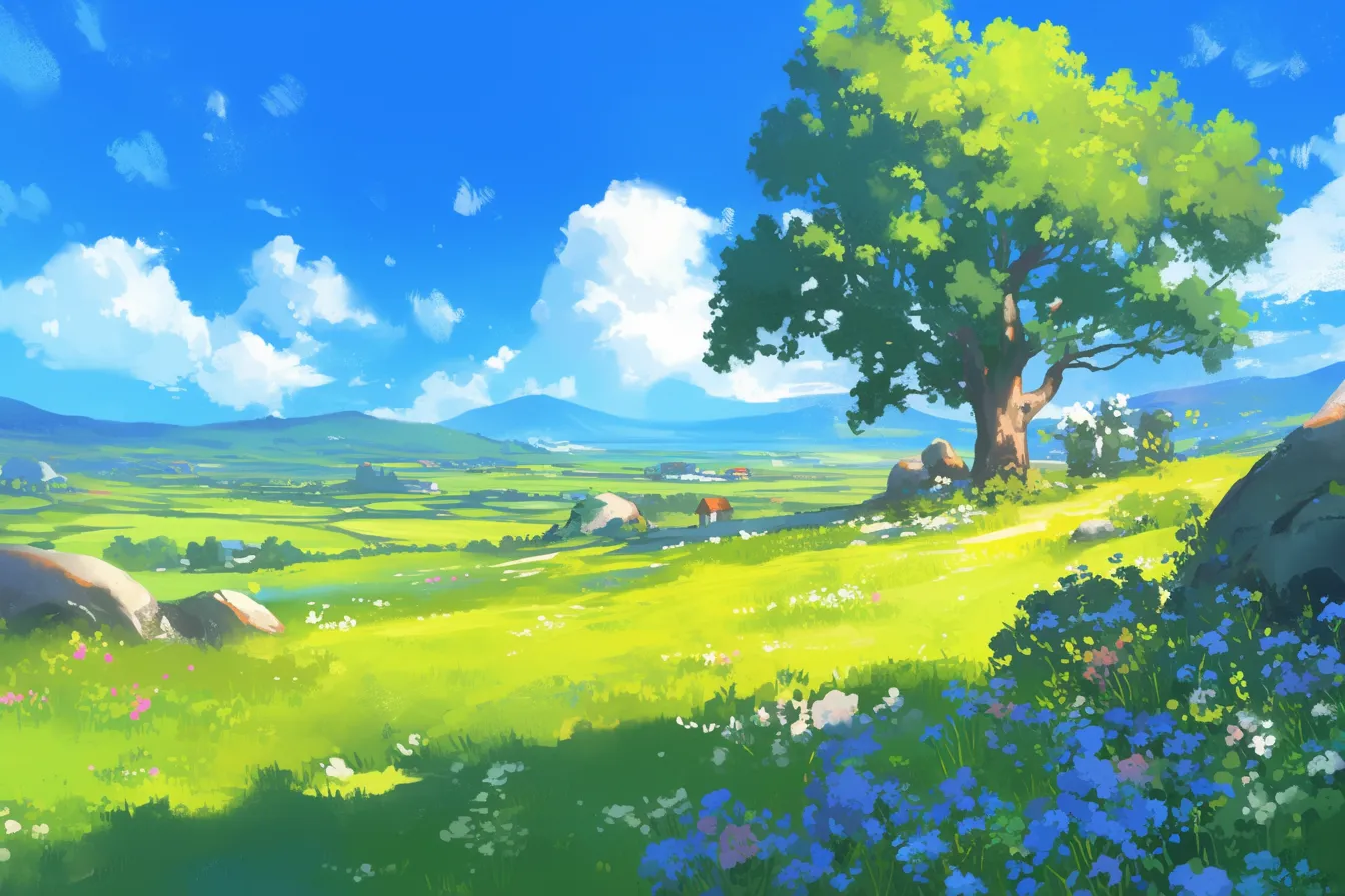 青空と草原に映える木の絵｜青空と緑の草原の中に立つ木が清涼感を漂わせ、爽やかな風景を演出しています。明るい色彩と広がりのある構図が特徴で、ビジネス写真素材として健康的で清潔感のある印象を伝える用途に最適です。