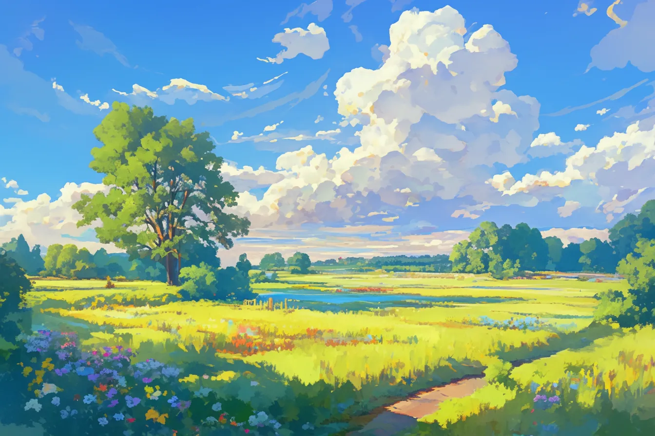 広大な風景に佇む大きな木の絵｜広がる野原と青空に大きな木が映え、奥行きのある風景を描いています。鮮やかな花々と雲の広がりが加わり、ビジネス写真素材として開放感や自然の雄大さを表現する利用に適しています。