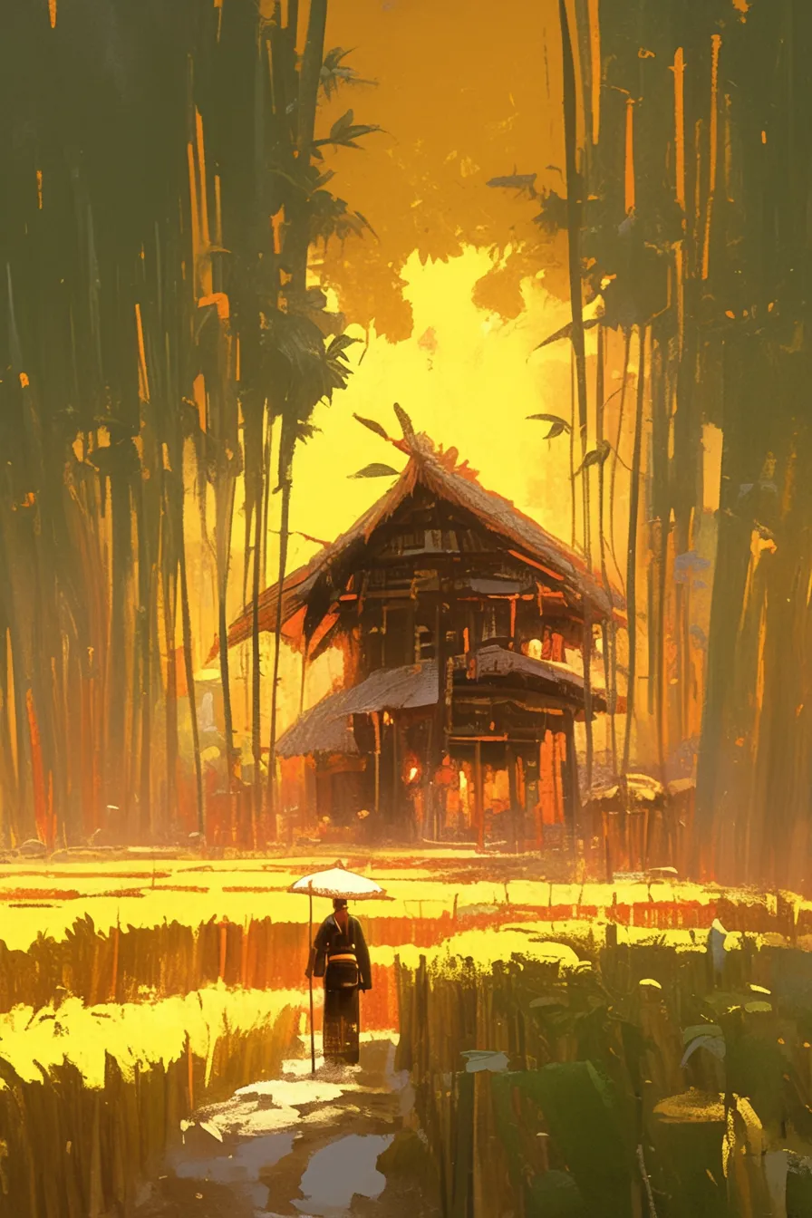 夕暮れに染まる竹林の竹の絵｜黄金色の光に照らされた竹と古民家が印象的で、歴史的な情緒を感じさせます。力強い色使いが特徴で、ビジネス写真素材として伝統や文化的な価値を伝えるシーンに適しています。