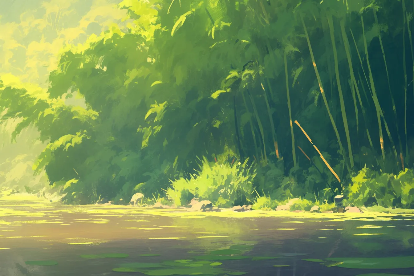 深緑に包まれた竹林の竹の絵｜濃い緑に囲まれた竹林が描かれ、夏の力強さと自然の息づかいを感じさせます。豊かな陰影表現が特徴で、ビジネス写真素材として活気や自然の豊かさを伝えるシーンに適しています。