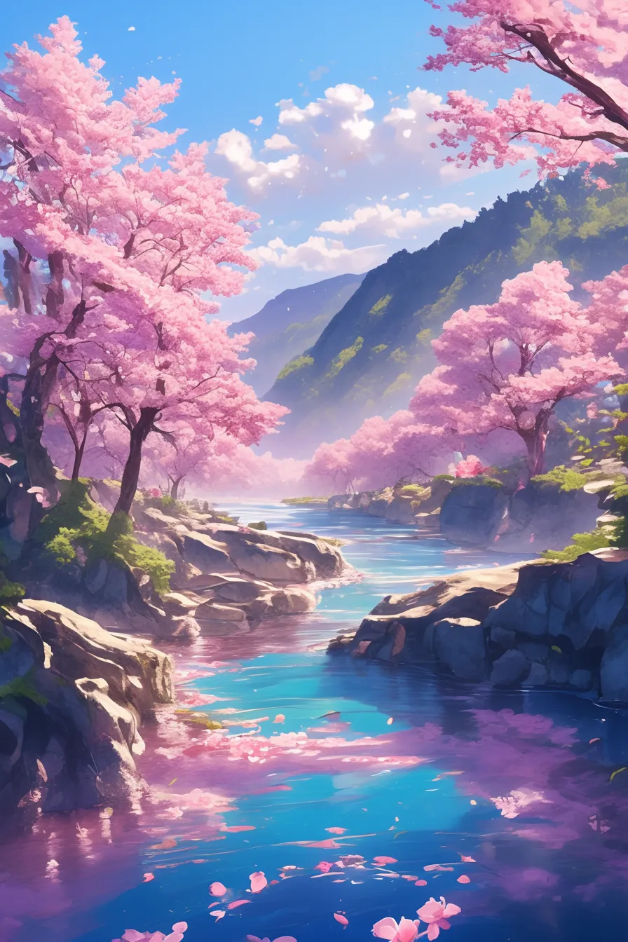 川辺に咲く桜の絵｜澄んだ川面に映る桜が美しく、自然と春の情景を鮮やかに描き出しています。爽やかな色彩が特徴で、ビジネス写真素材として季節感や観光の魅力を伝える用途に適しています。