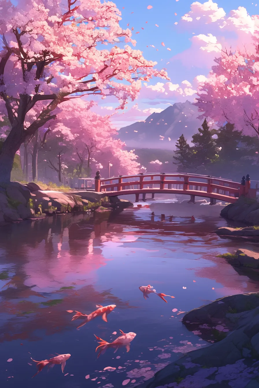 赤い橋と桜の絵｜赤い橋と満開の桜が調和し、池に泳ぐ鯉が情緒的な雰囲気を加えています。鮮やかな色彩と穏やかな構図が特徴で、ビジネス写真素材として文化や観光プロモーションに活用できます。