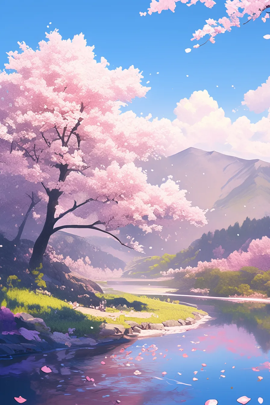 山間に咲き誇る桜の絵｜雄大な山並みを背景に咲く桜が印象的で、自然美と季節の移ろいを表現しています。清涼感のある描写が魅力で、ビジネス写真素材として春の観光や自然をテーマとする利用に適しています。