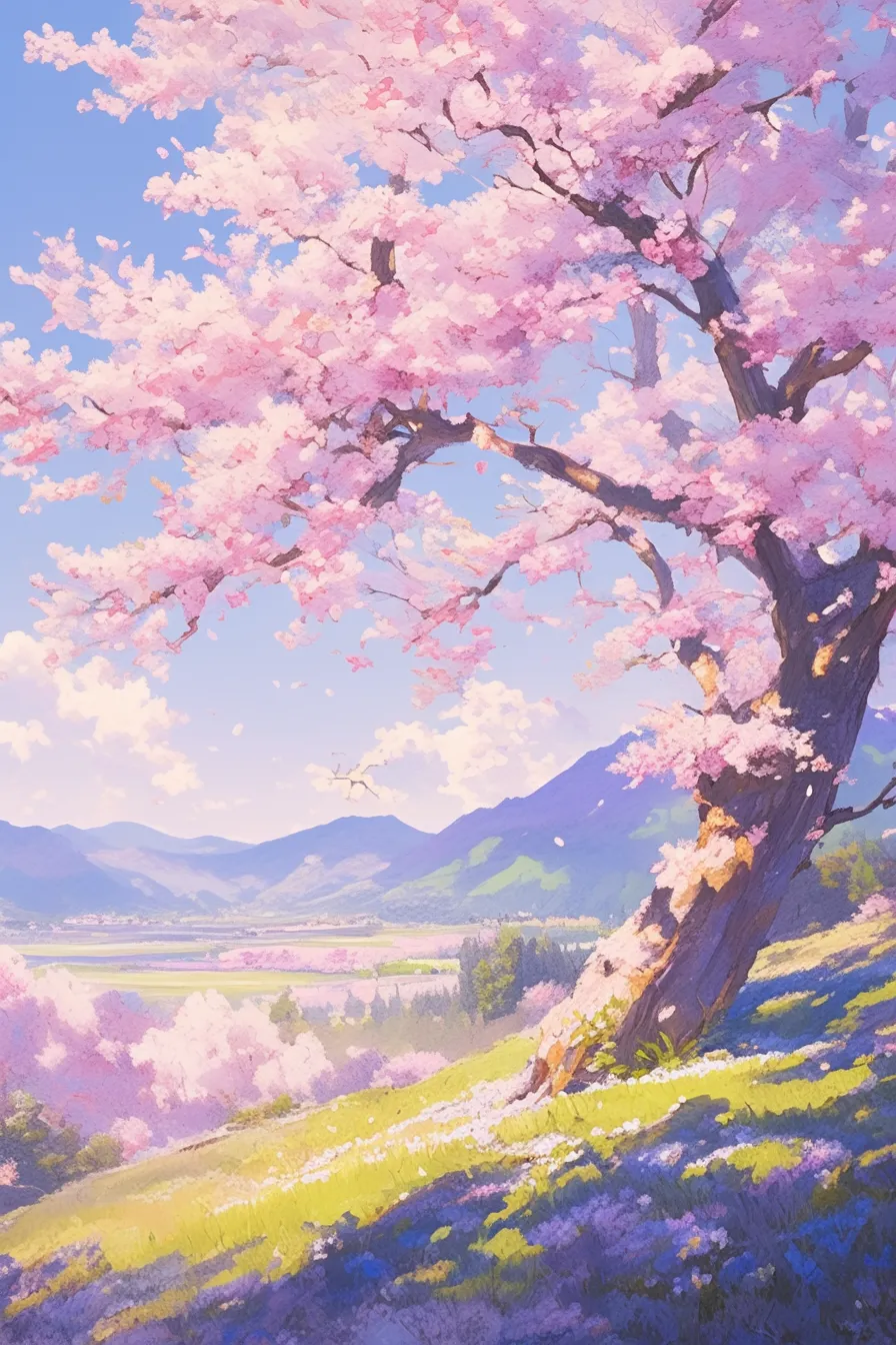 丘の上に咲く桜の絵｜緩やかな丘に咲く桜が広がり、明るい光が春の豊かさを表現しています。伸びやかな構図が特徴で、ビジネス写真素材として地域の魅力や自然景観の表現に活用できます。