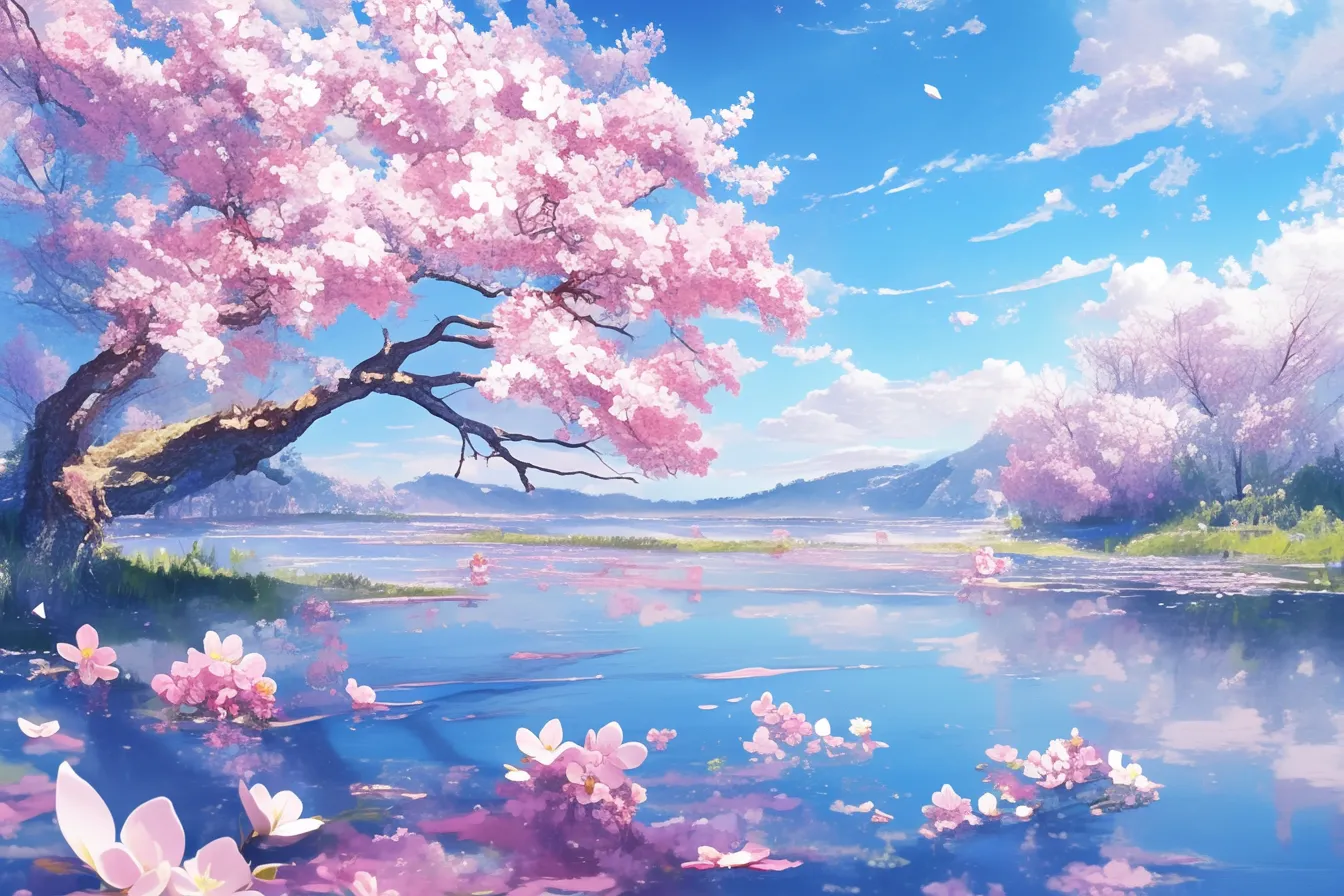 湖畔に枝垂れる桜の絵｜湖に枝を伸ばす桜が映り込み、水面に花びらが広がる幻想的な情景です。柔らかな筆致と透明感ある色彩が魅力で、ビジネス写真素材として観光や癒しの印象を伝える場面に最適です。