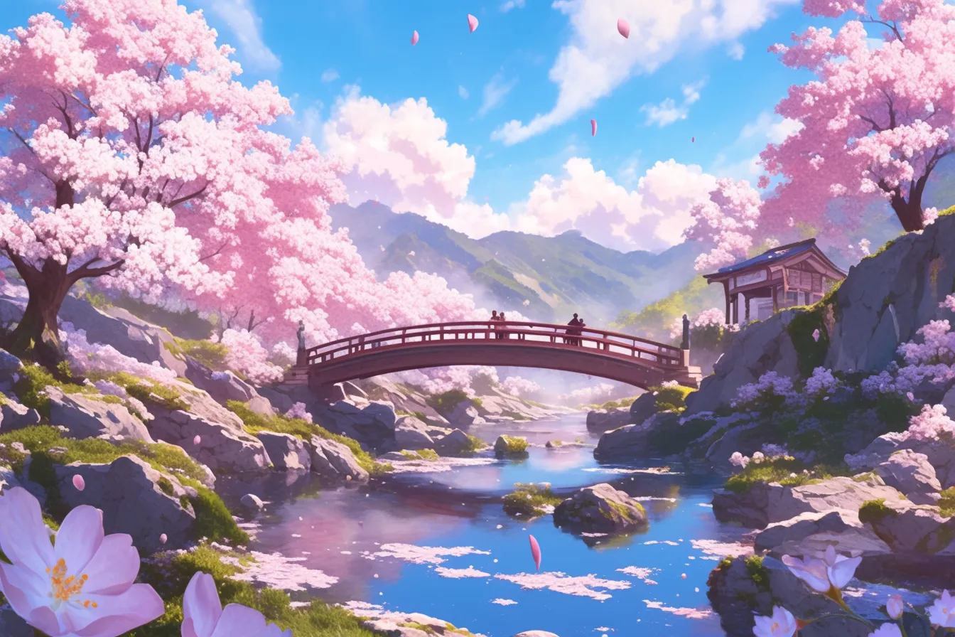 橋と神社と桜の絵｜朱色の橋と神社を囲む桜が春の象徴的な景観を描き出しています。鮮やかな色彩と均整の取れた構図が特徴で、ビジネス写真素材として文化的価値や季節感を演出する用途に適しています。