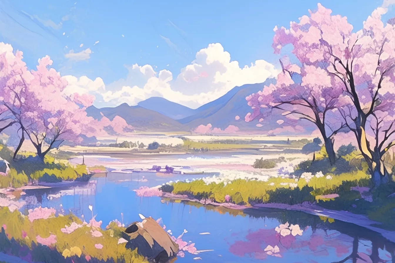 野原に広がる桜の絵｜広い野原と川沿いに咲く桜が、穏やかで牧歌的な雰囲気を描き出しています。明るく開放的な構図が特徴で、ビジネス写真素材として自然や地域風景を魅力的に伝える用途に向いています。