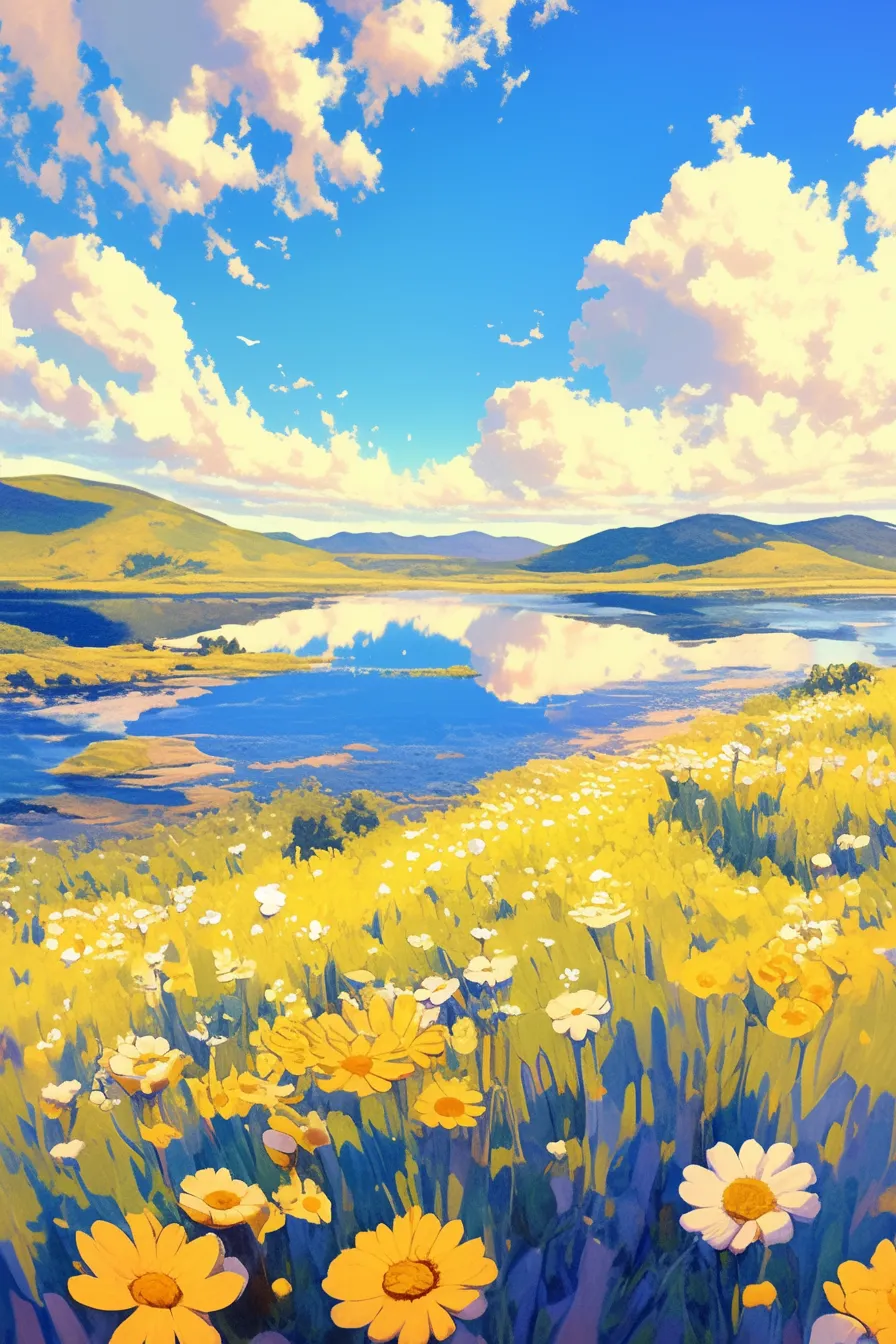 色鮮やかな野原と湖を描いた花の絵｜鮮烈な青空と湖面に映る雲が広がり、前景には黄色や白の花が咲き誇る花の絵です。自然の広がりと鮮やかな色彩が調和し、広告や観光素材として季節感や開放感を効果的に伝えられるデザインです。