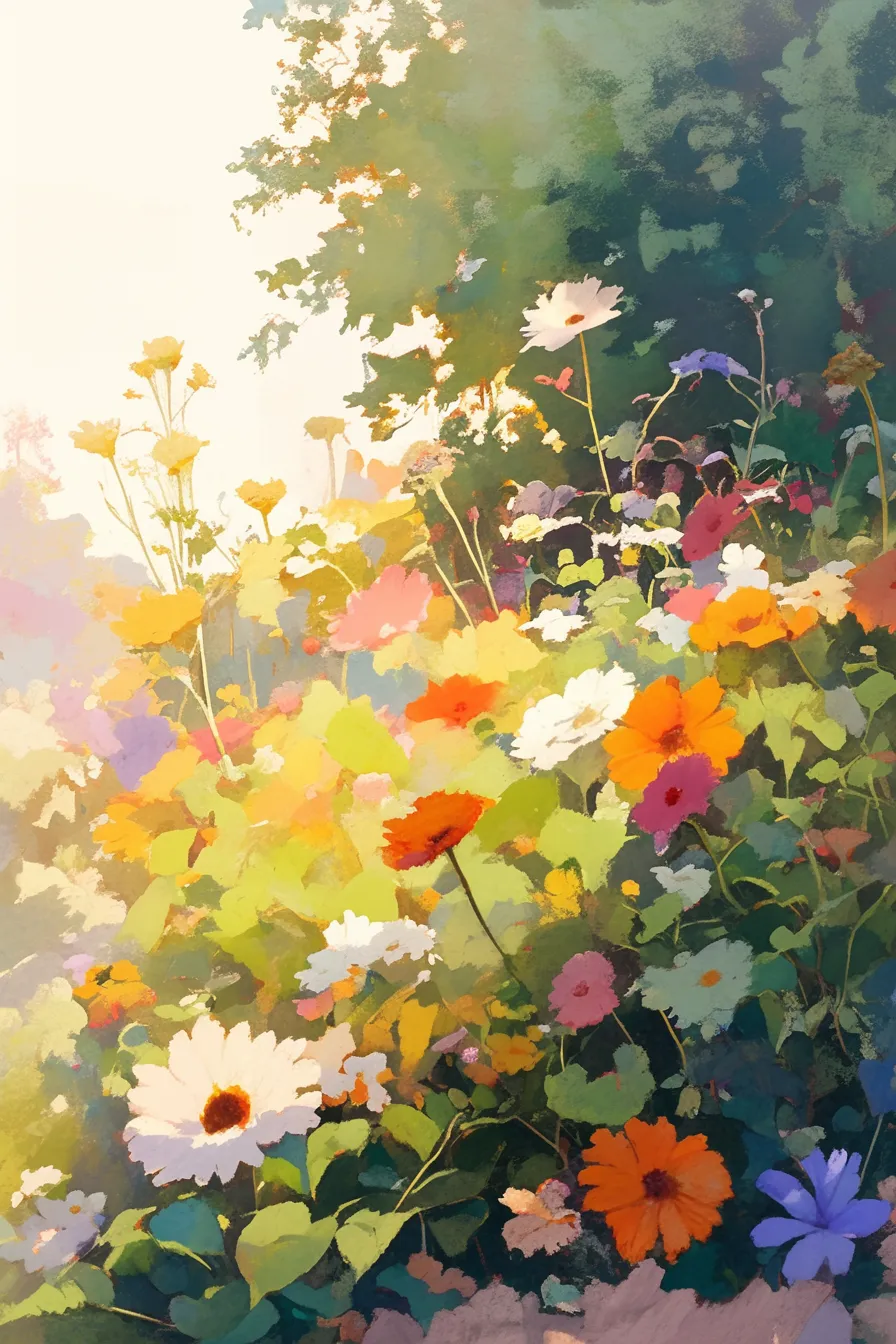 光に包まれたカラフルな花畑の花の絵｜柔らかな光に照らされ、赤・黄・白・紫と多彩な花々が重なり合う花の絵です。水彩調のタッチが繊細な空気感を表現しており、印刷物やウェブデザインにおいて華やかさや明るい雰囲気を演出するビジネス素材として活用できます。
