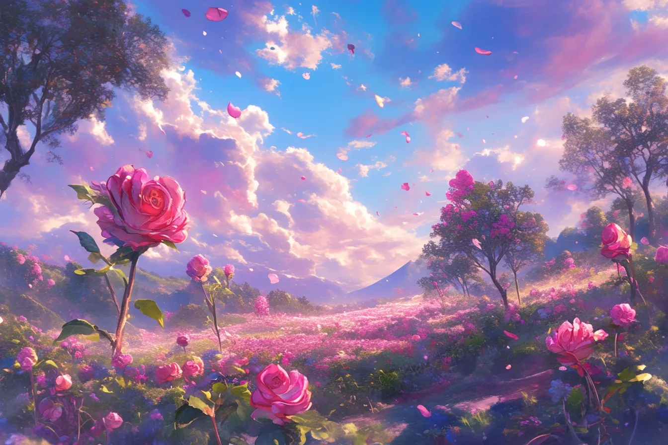 花畑に舞う幻想的なバラの絵｜花畑に舞い散るバラの花びらと鮮やかな空が印象的な幻想的な一枚です。鮮烈なピンクと青のコントラストが視線を引きつけます。バラの絵としてポスターや表紙デザインに効果的です。