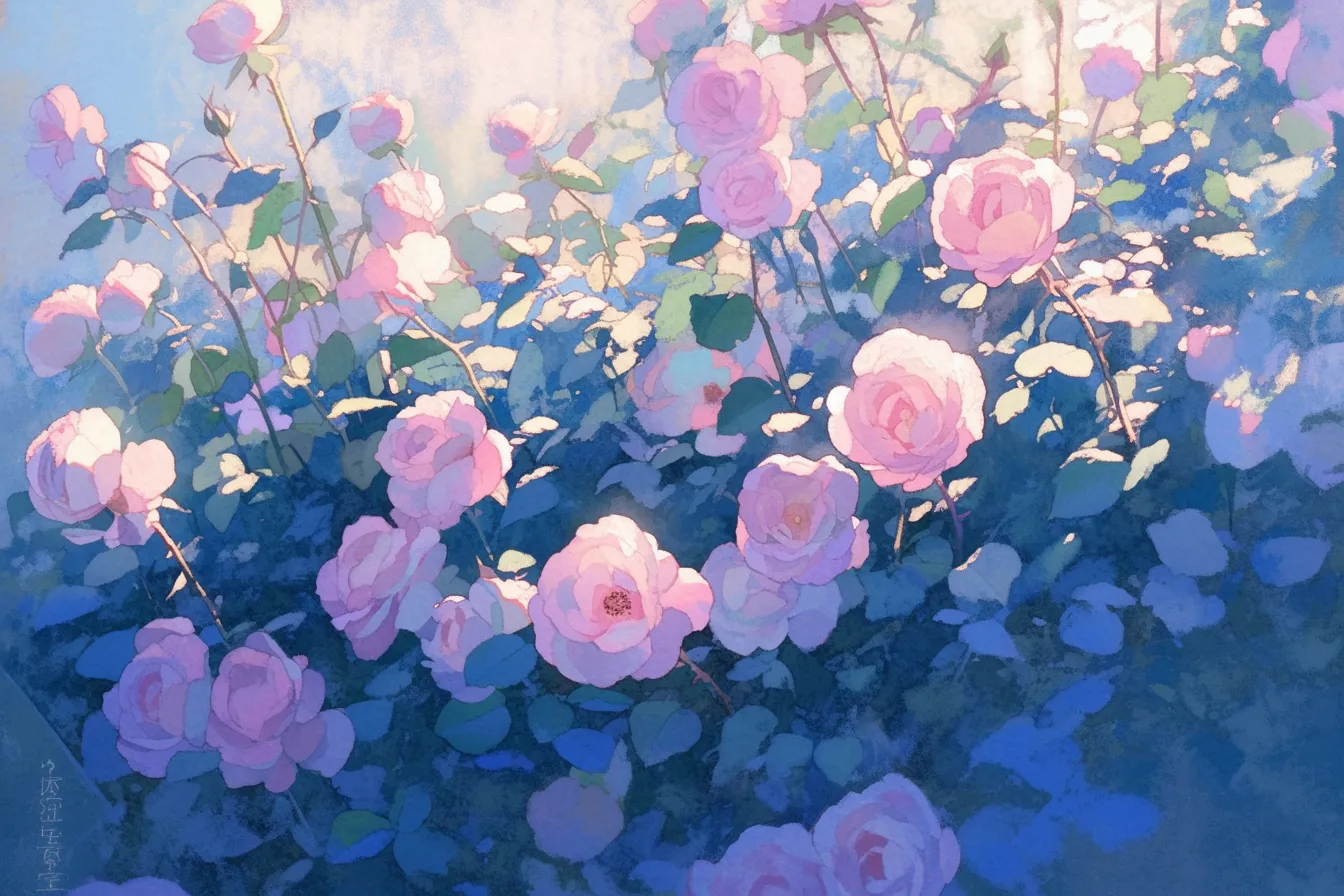 柔らかな光に包まれたバラの絵｜淡い光が差し込み、バラが優しく照らされている作品です。淡い色彩が清涼感を演出し、上品で静かな雰囲気を与えます。バラの絵としてブランドや商品のイメージ表現に最適です。