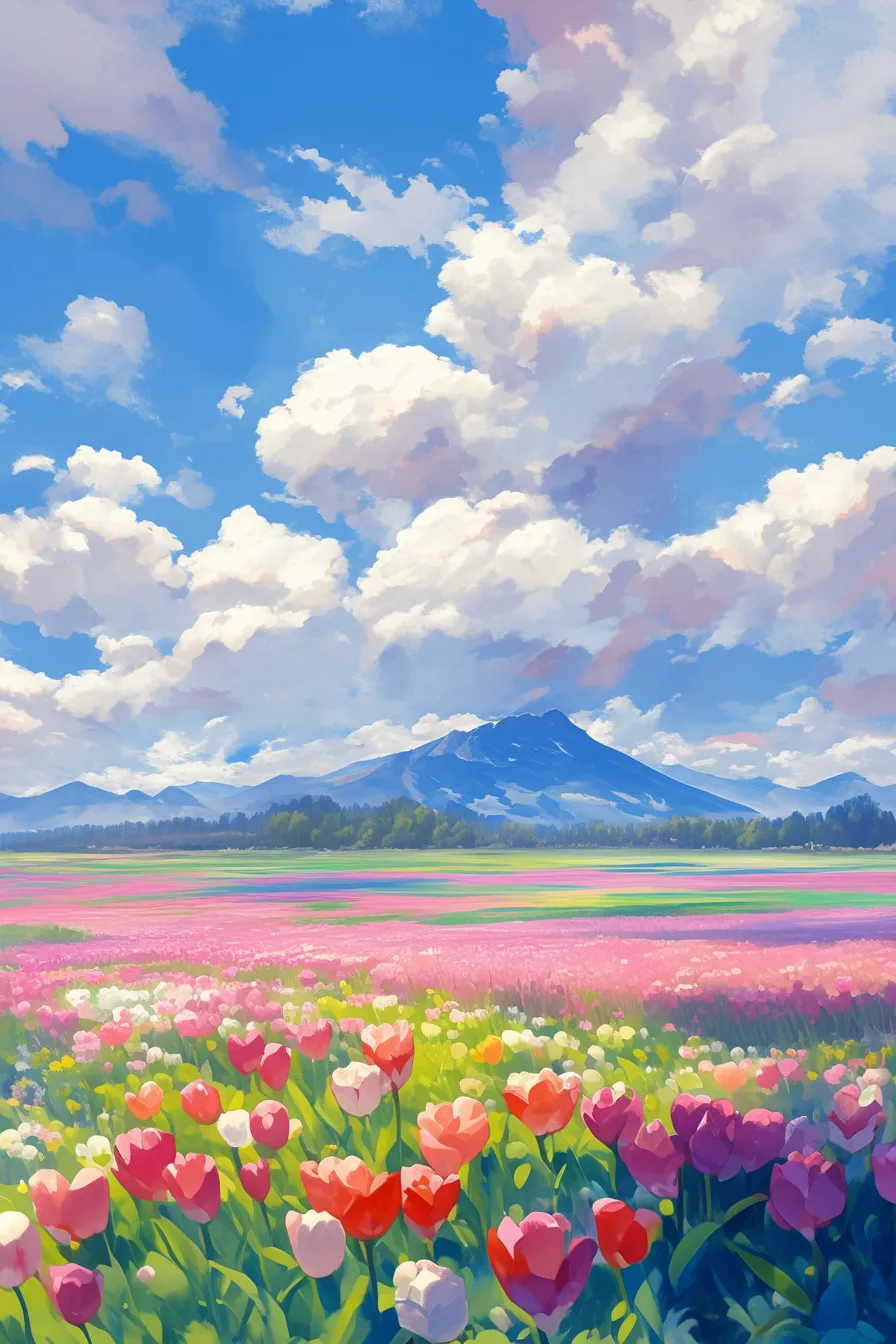 色とりどりのチューリップの絵｜鮮やかな花々が広がる構図で描かれた色とりどりのチューリップの絵です。彩度の高い発色と柔らかな筆致が印象的で、自然な光を取り込んだ透明感が特徴的です。広告や旅行関連の素材として利用価値が高い仕上がりになっています。