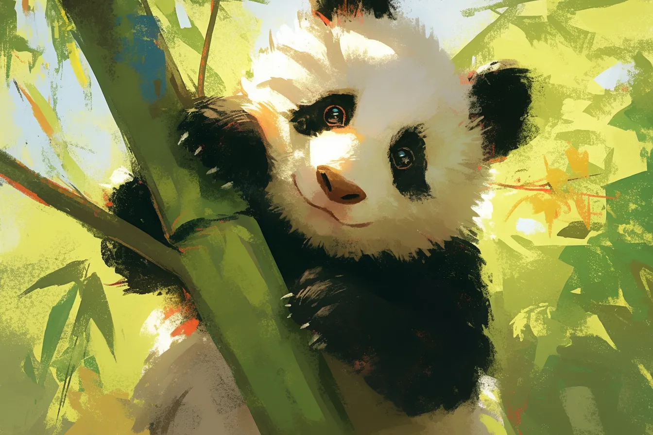 竹に登る子パンダの絵｜竹を抱きしめる子パンダの絵は、愛らしさと自然の柔らかい光を表現したビジネス写真素材です。親しみやすいデザインや教育向けに適しています。