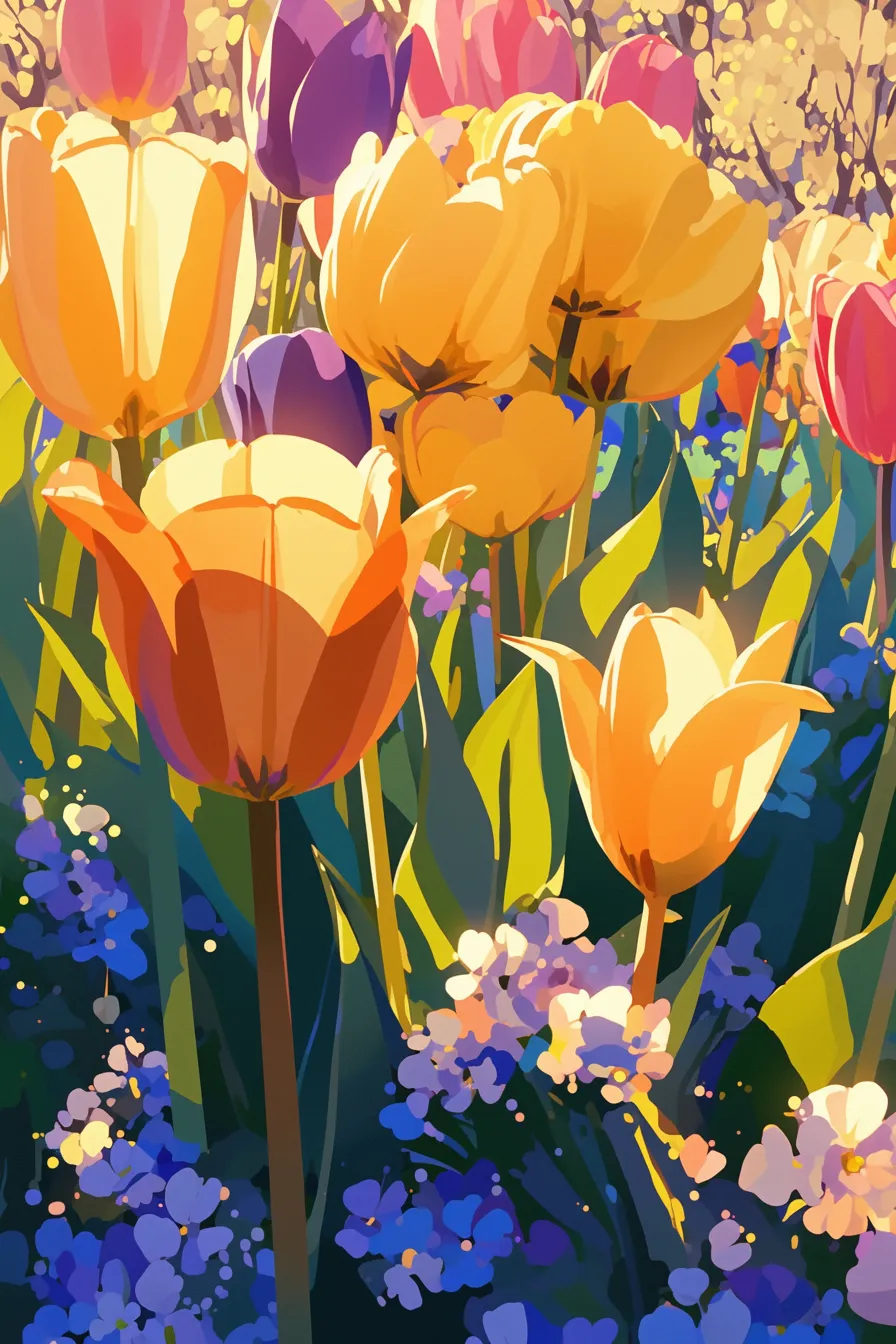 黄色と紫のチューリップの絵｜近距離から捉えた黄色と紫の花々が印象的なチューリップの絵です。明暗のコントラストが鮮やかに表現され、華やかさと高級感を演出しています。商品のビジュアルやポスター用の素材として適した仕上がりです。