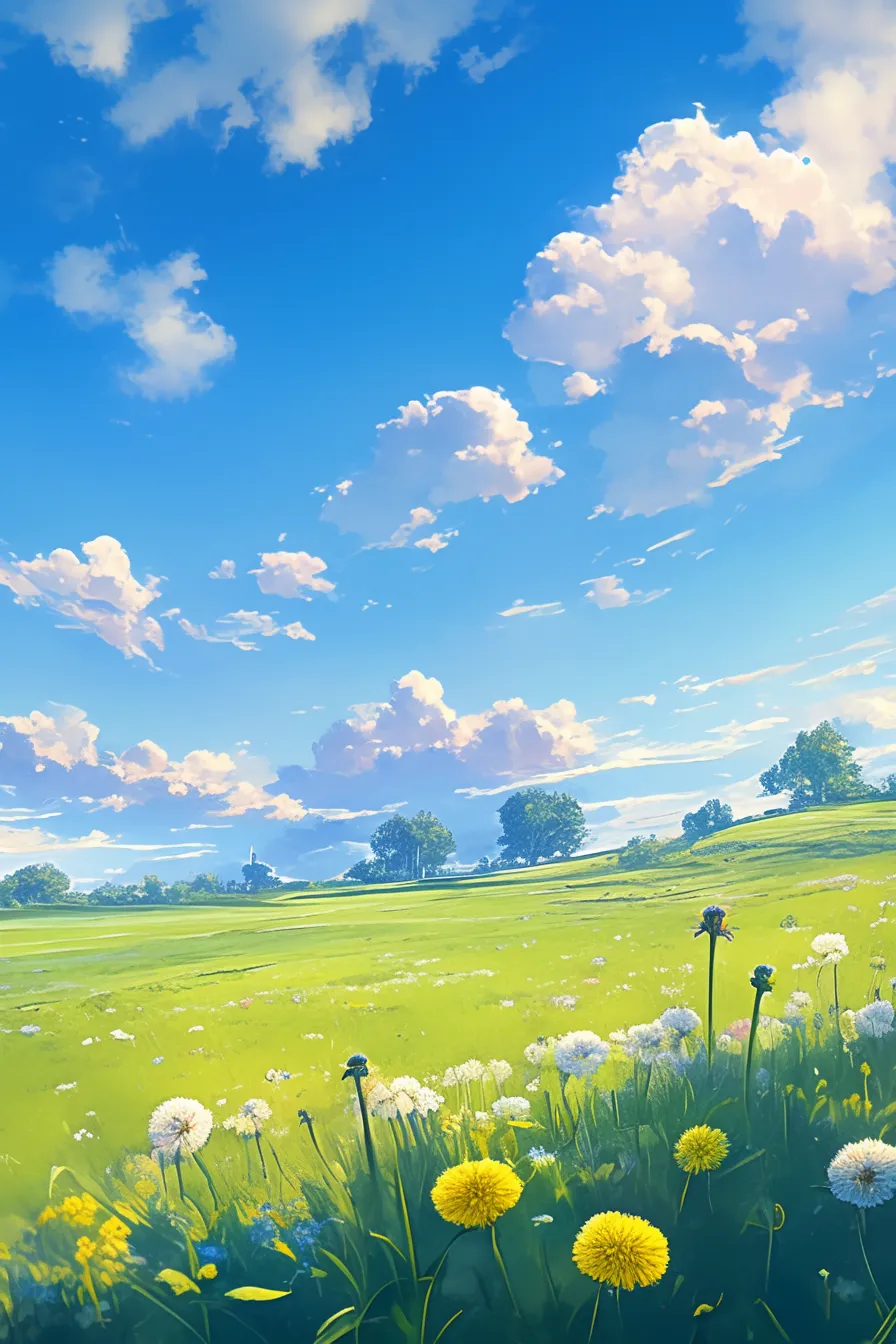 広がる草原に咲くたんぽぽの絵｜鮮やかな青空と緑の草原にたんぽぽが映える風景を描いた構図です。爽やかな透明感があり、ビジネス写真素材として広告や背景利用に適しています。自然な彩りの中でたんぽぽの絵がアクセントになっています。