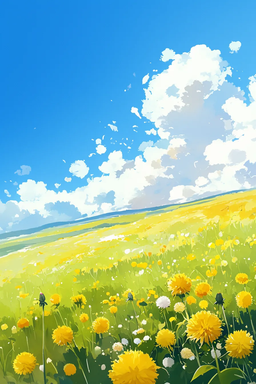 丘に広がる黄色いたんぽぽの絵｜柔らかいタッチで広がる黄色の花畑を描写し、明快な色彩で開放感を表現しています。商用素材として季節感の演出や自然をテーマにしたデザインに最適なたんぽぽの絵です。