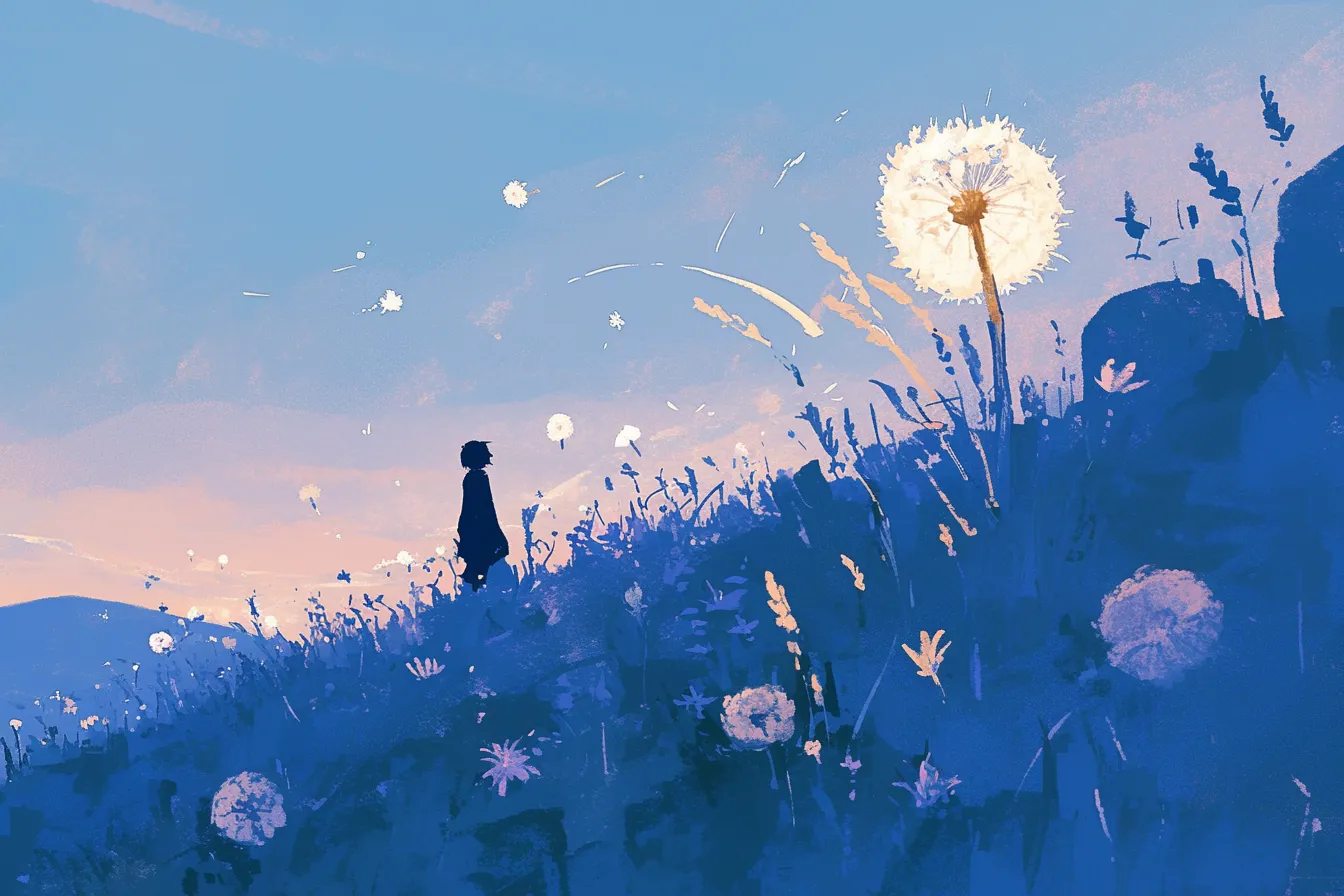 黄昏に浮かぶ大きな綿毛のたんぽぽの絵｜シルエットの人物と巨大なたんぽぽが対比され、幻想的で物語性の強いイラストです。クリエイティブな広告やコンセプトビジュアルに適したたんぽぽの絵です。