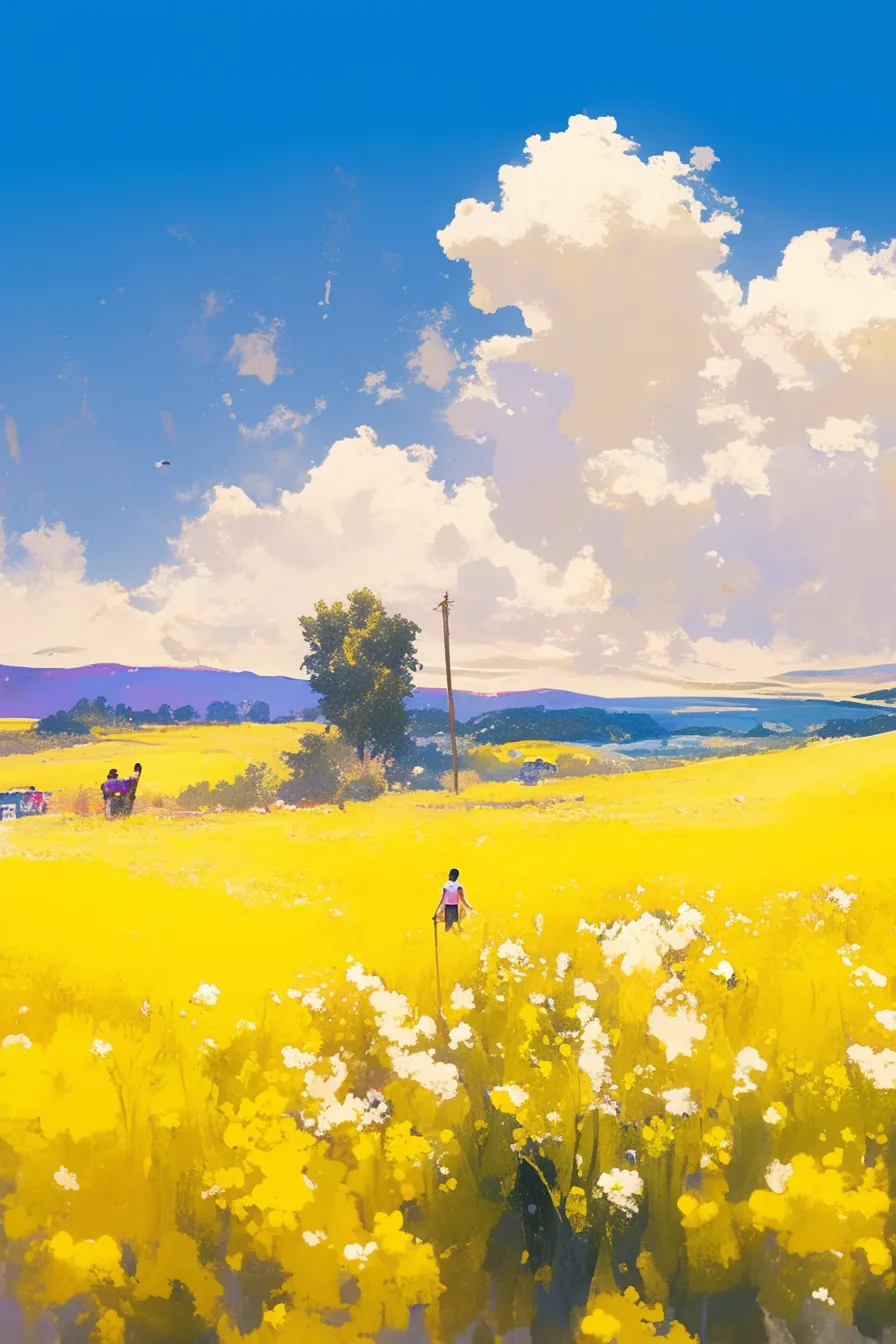 遠景の菜の花の絵と青空のコントラスト｜明るい黄色と青が際立つ菜の花の絵で、遠景に広がる山々と大きな雲が爽快な雰囲気を強調。風景素材として企業や観光系のビジネス活用に映えるバランスです。