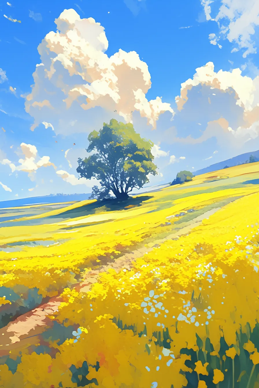 柔光に包まれる菜の花の絵の風景｜空と雲の柔らかい光に照らされた菜の花の絵は、視覚的に清々しく、温かみを感じる仕上がり。企業サイトの背景素材やリフレッシュ感を表す広告に適した構成です。