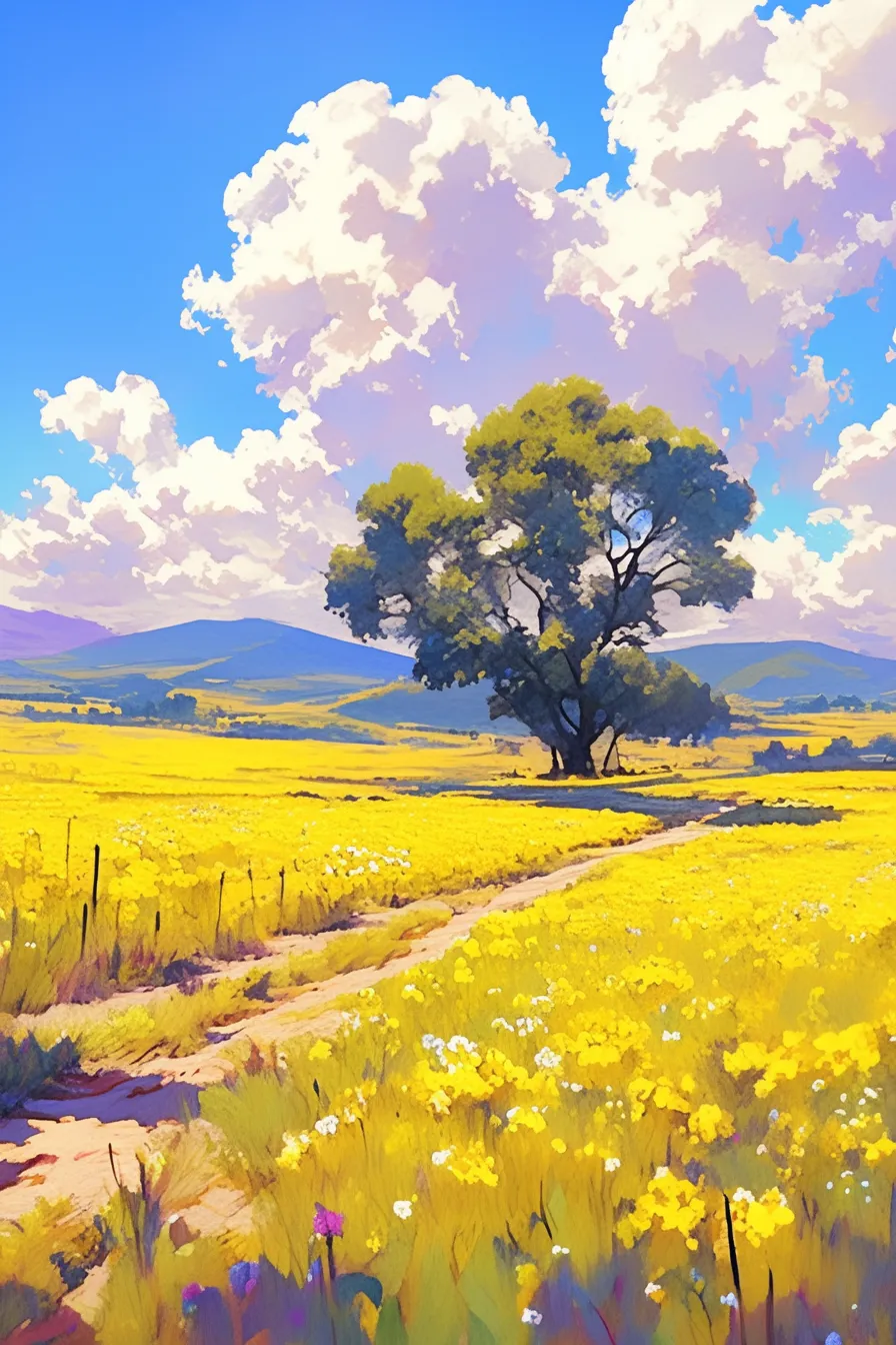 広大な畑を望む菜の花の絵｜地平線まで広がる菜の花の絵が、大自然の広がりと爽快感を演出。黄色と青のコントラストが強調され、観光・環境関連のビジネス写真素材として汎用性が高いです。