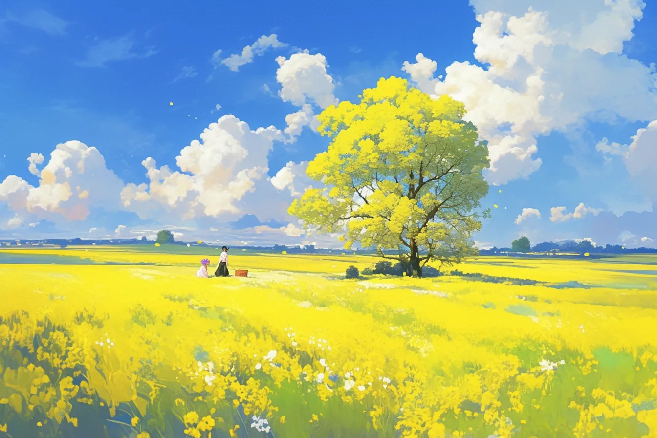 ピクニックを楽しむ菜の花の絵｜菜の花の絵に描かれた人々のやわらかな日常風景は、親しみやすく温かい雰囲気を演出。広告やパンフレットに使用すれば、リラックス感を伝える効果的な素材になります。