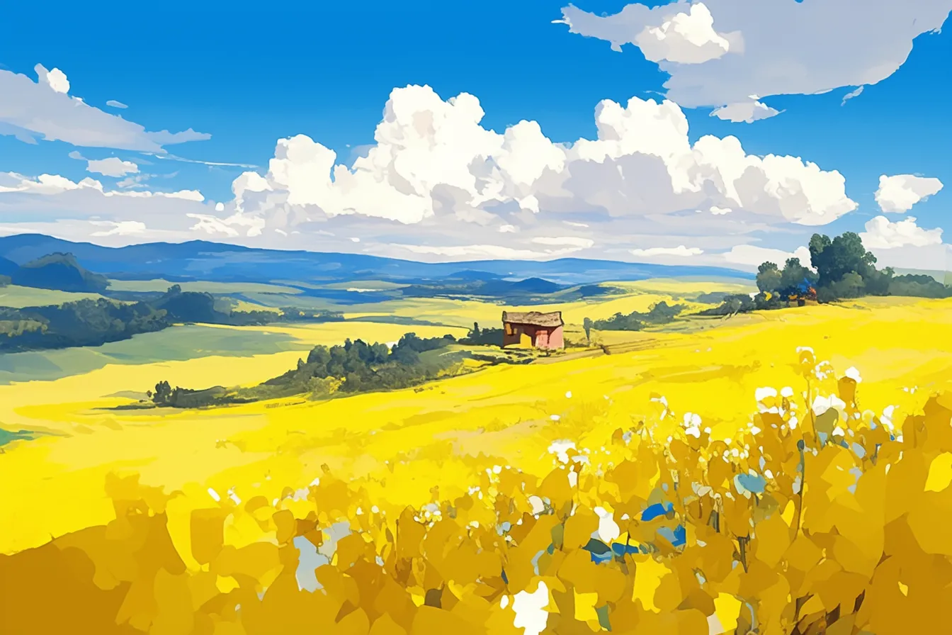 丘陵を背景にした菜の花の絵｜菜の花の絵に映える赤い小屋と丘陵の遠景がアクセントとなり、風景に物語性を与えています。企業のイメージ素材や地方創生のビジュアル表現として活用しやすいデザインです。