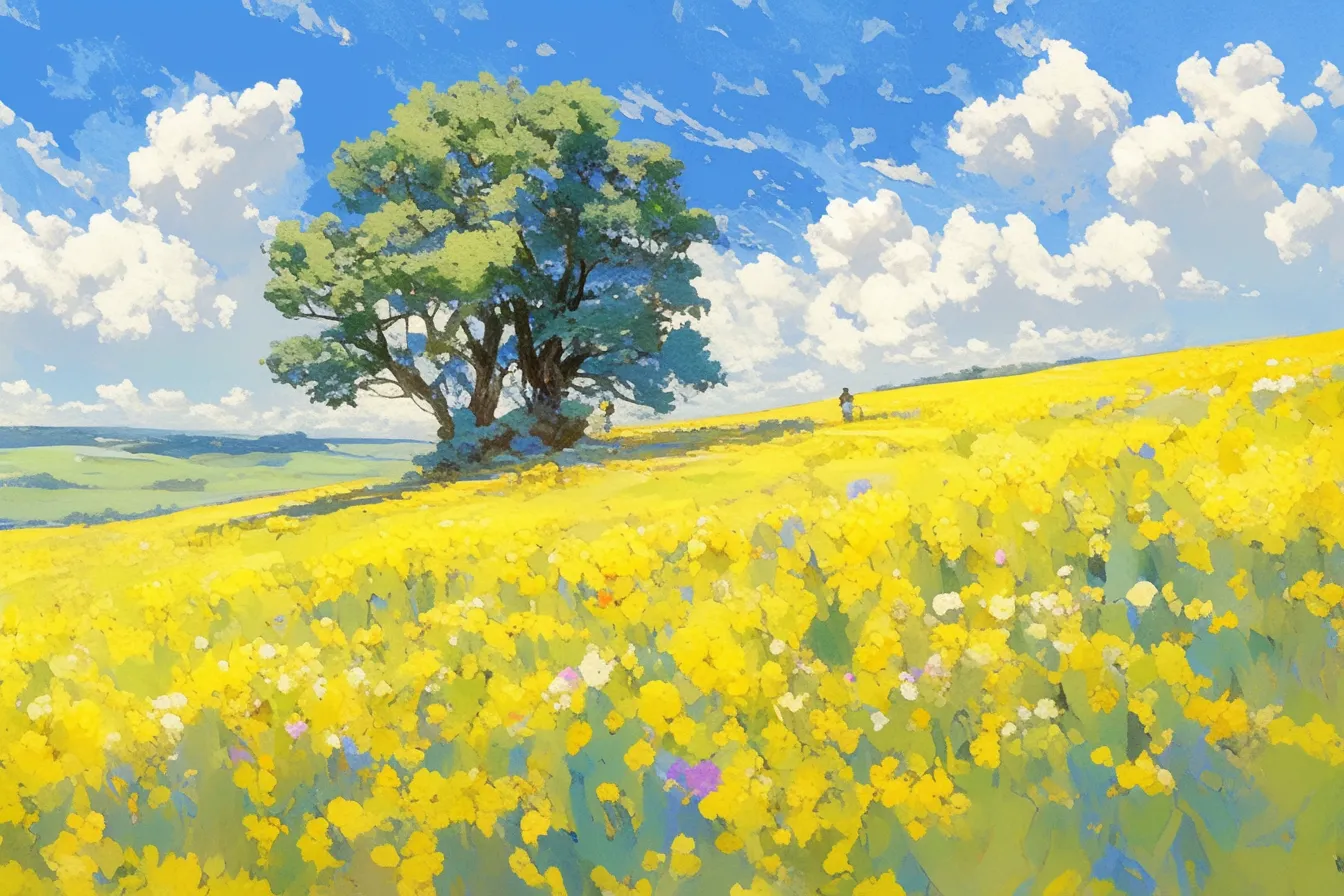 大樹と菜の花の絵が描く春景色｜雄大な樹木と一面に咲く菜の花の絵は、自然の力強さとやさしさを同時に感じさせます。自然関連のビジネス素材や企業CSR活動のビジュアルに適した作品です。