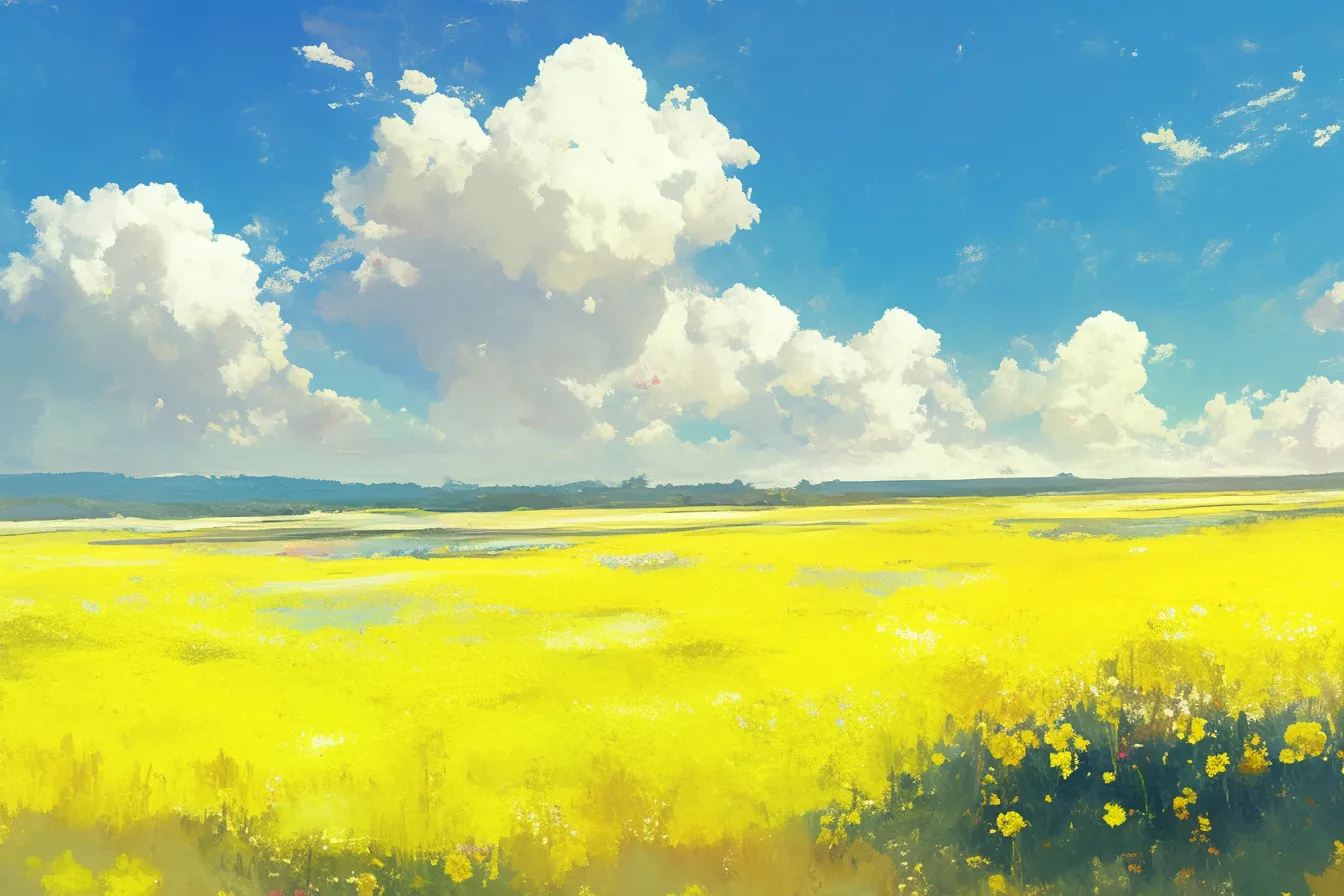 水平線に広がる菜の花の絵｜視界いっぱいに広がる菜の花の絵と広大な空が調和し、シンプルで力強い印象を与えます。余白を活かした構成は、背景素材やプレゼン資料のビジネス利用に効果的です。