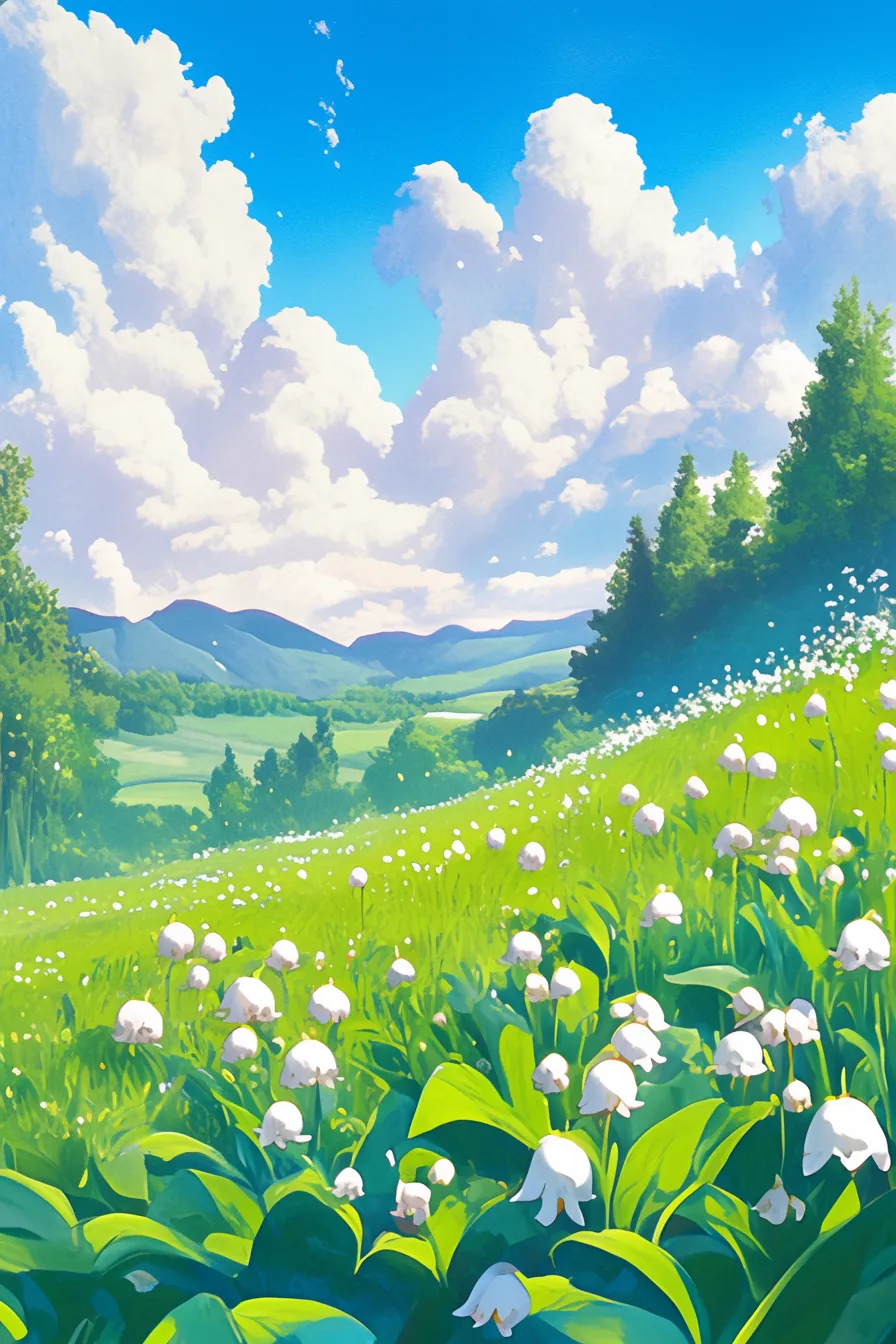 清々しい丘陵に広がるすずらんの絵｜青空と緑の丘陵に映えるすずらんの絵。爽やかで開放的な雰囲気が印象的で、自然や季節感を強調するビジネス写真素材として広告や観光PRに活用しやすい構図です。