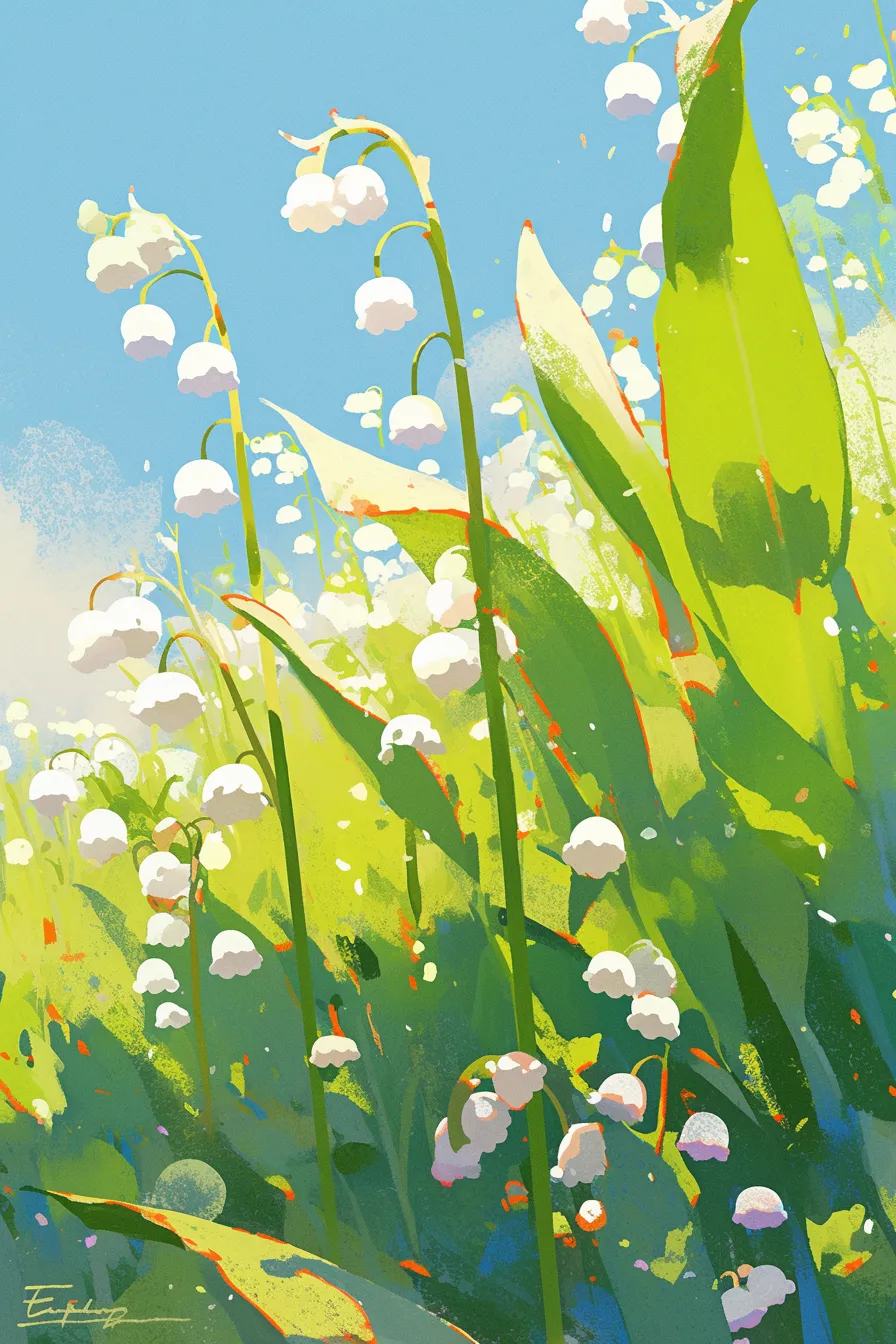 陽光を浴びたすずらんの絵のクローズアップ｜明るい光を受けて立ち上がるすずらんの絵が鮮やかに描かれています。瑞々しい緑と白の対比が際立ち、商品の清涼感や自然志向を打ち出すデザイン素材に適しています。