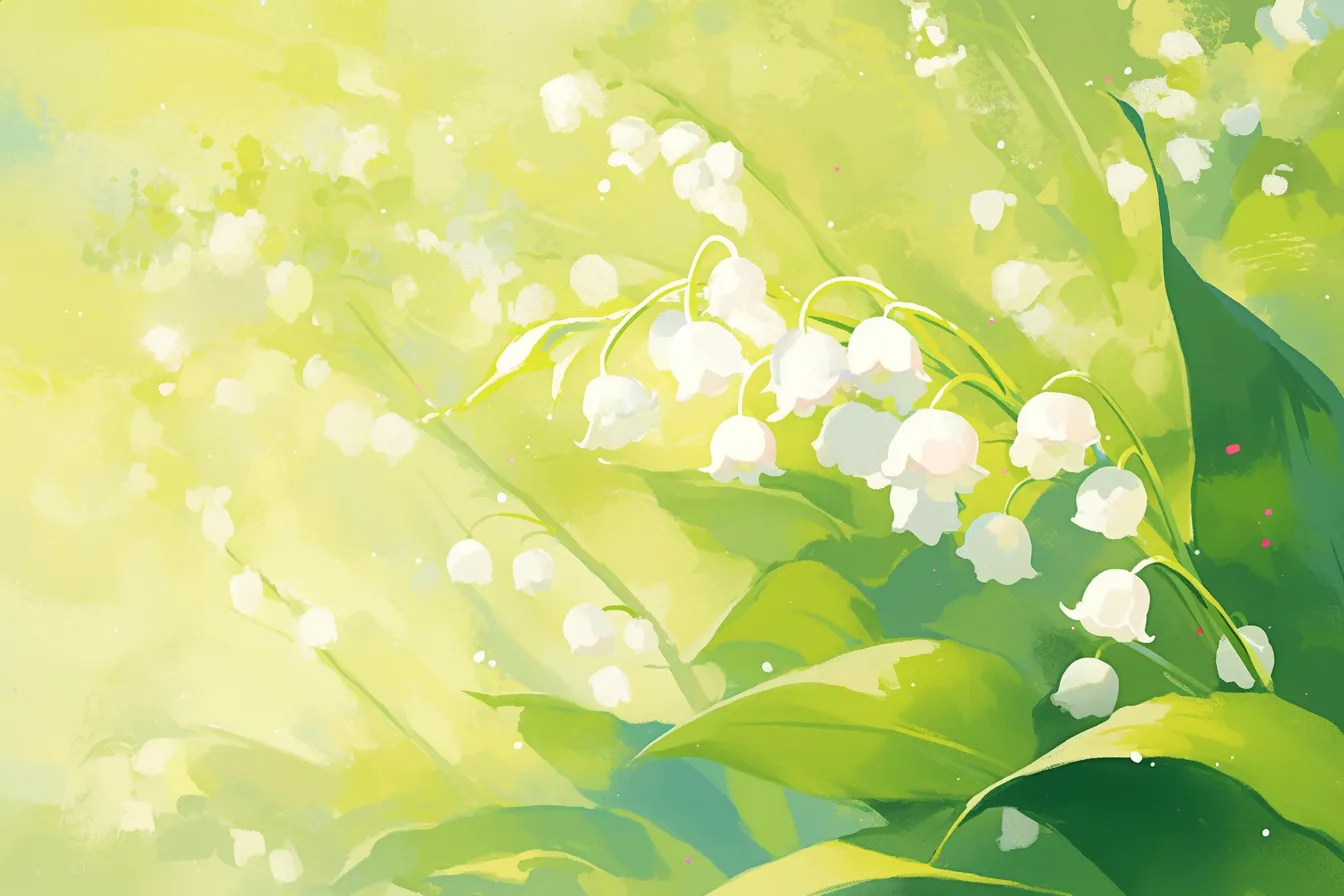 光に包まれるすずらんの絵｜柔らかな光に包まれたすずらんの絵。幻想的で優しい雰囲気が印象的で、幸福感や癒しを訴求するビジネス写真素材として幅広く利用可能です。