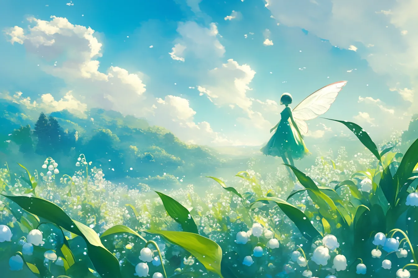 幻想的な世界観のすずらんの絵｜光と自然が調和する中に広がるすずらんの絵。ファンタジー要素を含んだ構図は、広告や企画ビジュアルにインパクトを与える創造的な写真素材として活用できます。