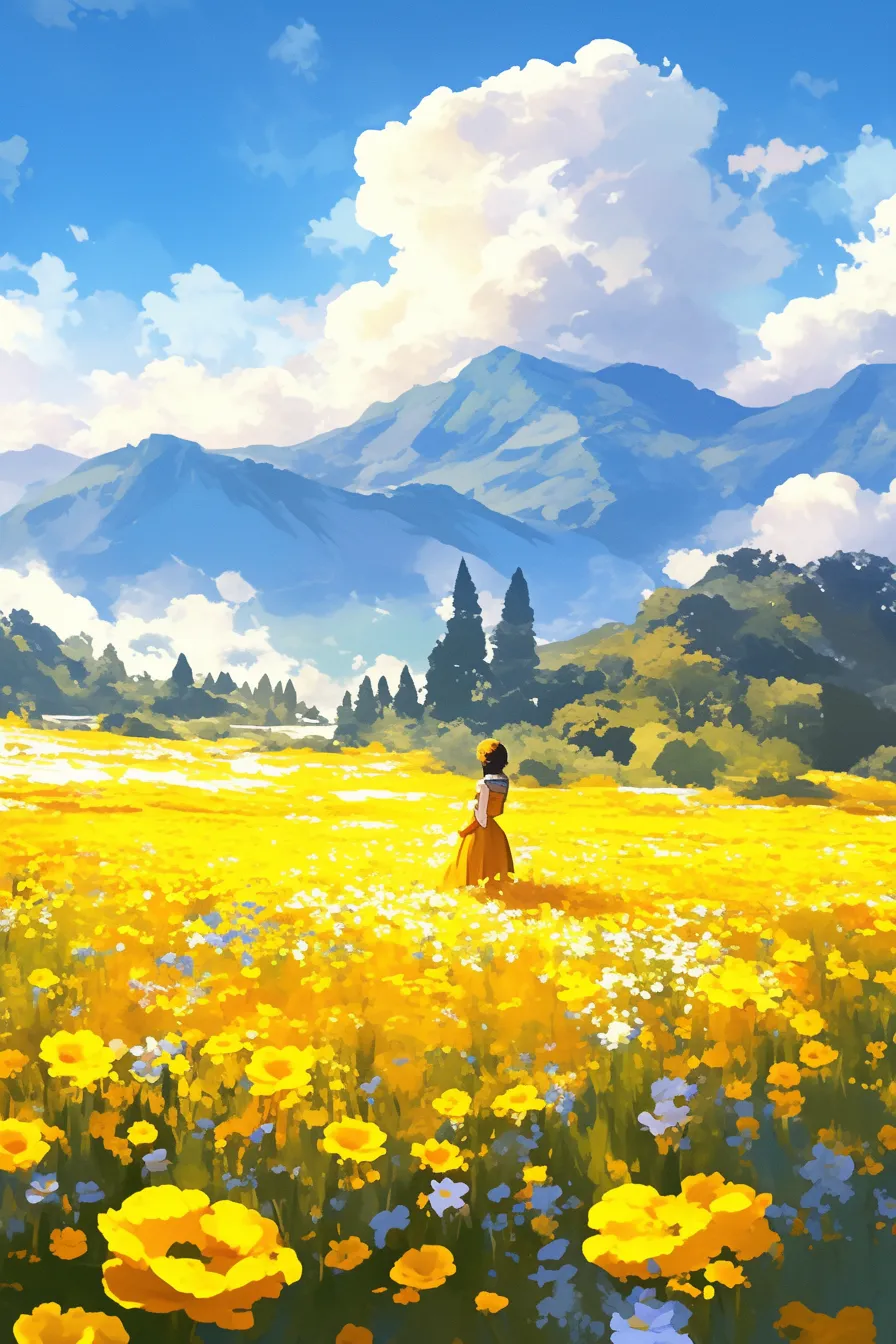 山並みを背景にしたマリーゴールドの絵｜雄大な山と青空を背景に咲き誇るマリーゴールドの絵。遠近感のある構図は自然の壮大さを強調し、観光や地域プロモーションに活用しやすい素材です。