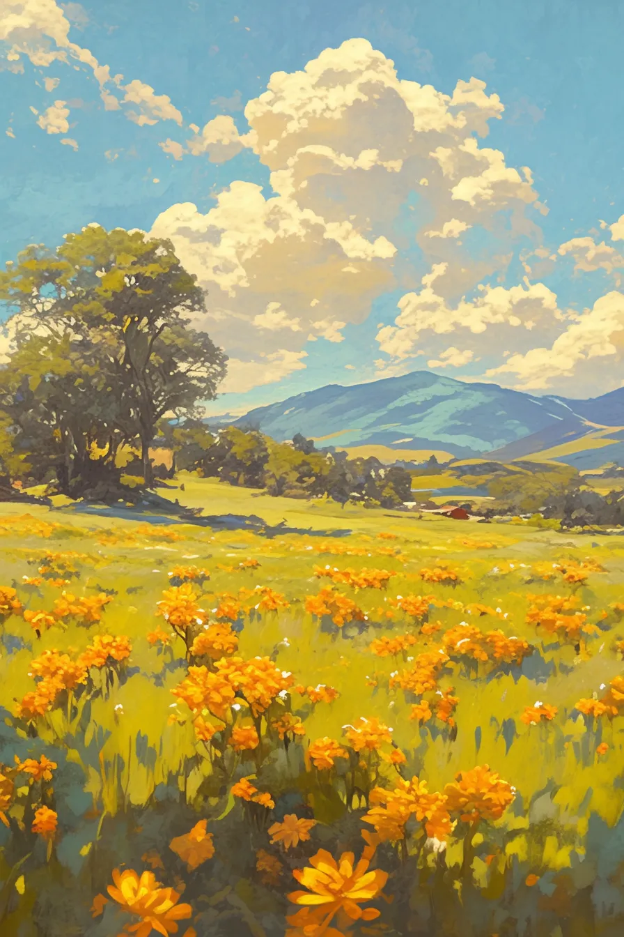 広がる草原に咲くマリーゴールドの絵｜のどかな田園風景の中に一面に咲くマリーゴールドの絵。温かみのある色彩は、地域振興や環境系のビジュアル素材に適した安心感を与えます。