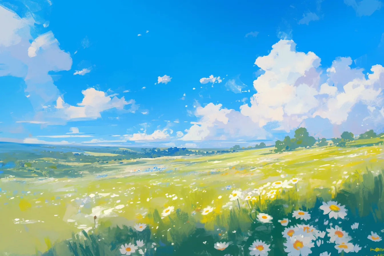 青空と草原に咲くガーベラの絵｜鮮やかな青空と広がる草原にガーベラの絵が映える構図。明るく清潔感のある配色は、広告やパンフレットの背景素材として企業活動を爽やかに彩る効果があります。
