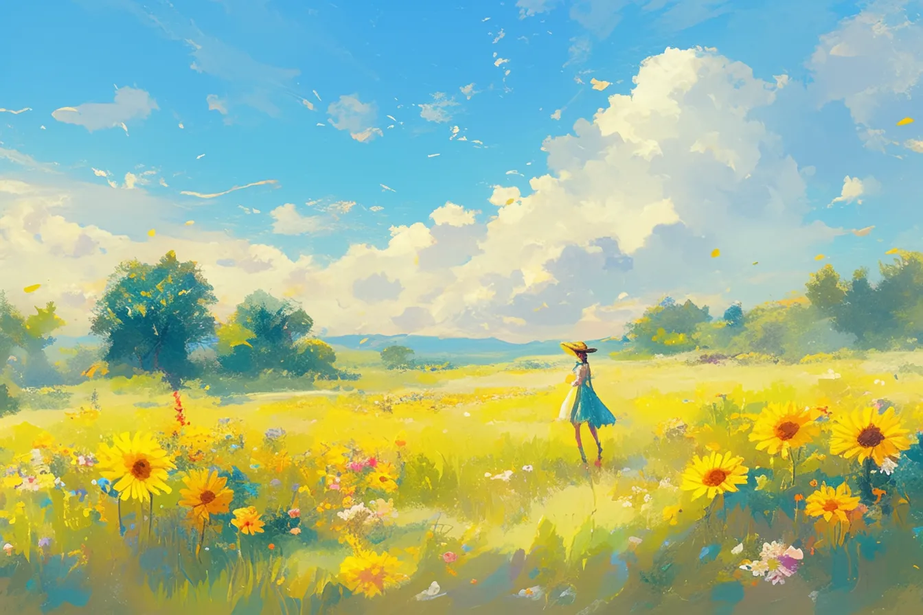 人物と花畑が描かれたガーベラの絵｜広い草原に立つ人物と咲き誇るガーベラの絵。柔らかなタッチが特徴で、ライフスタイルや教育関連のビジネス写真素材としても使いやすい印象です。