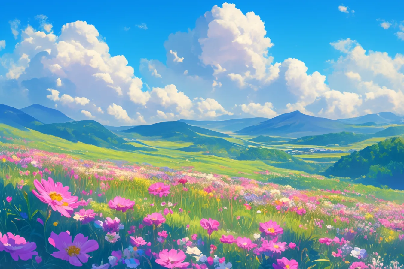 山並みを背景に咲くガーベラの絵｜鮮やかな花々と雄大な山並みが融合するガーベラの絵。奥行きのある構成で、地域プロモーションや観光系のビジュアル素材として高い効果を発揮します。