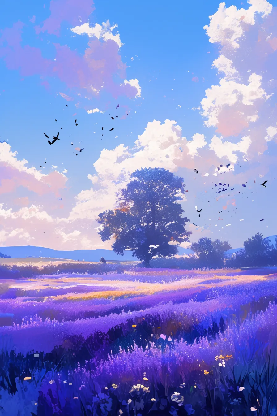 鳥が舞う青空とラベンダーの絵｜澄んだ青空に鳥が舞う風景と畑一面のラベンダーの絵。明快な色彩と広がりが、観光プロモーションや企業の季節感表現に活かせる魅力を持っています。
