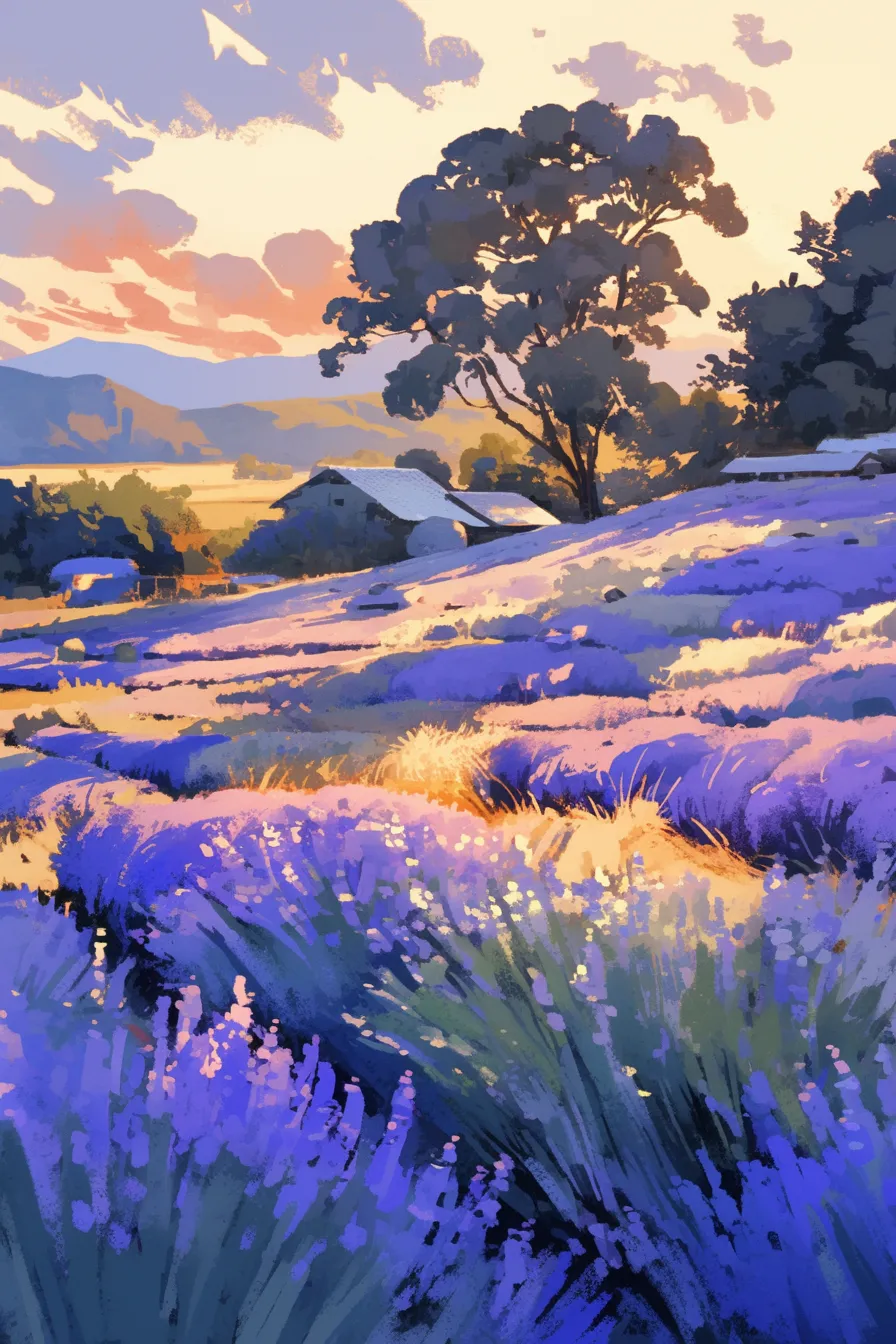 農村風景と夕陽が美しいラベンダーの絵｜農家と木立を背景に夕陽が差し込むラベンダーの絵。温かみのあるタッチが、地域振興や自然をテーマにした広告素材として親和性の高い作品です。