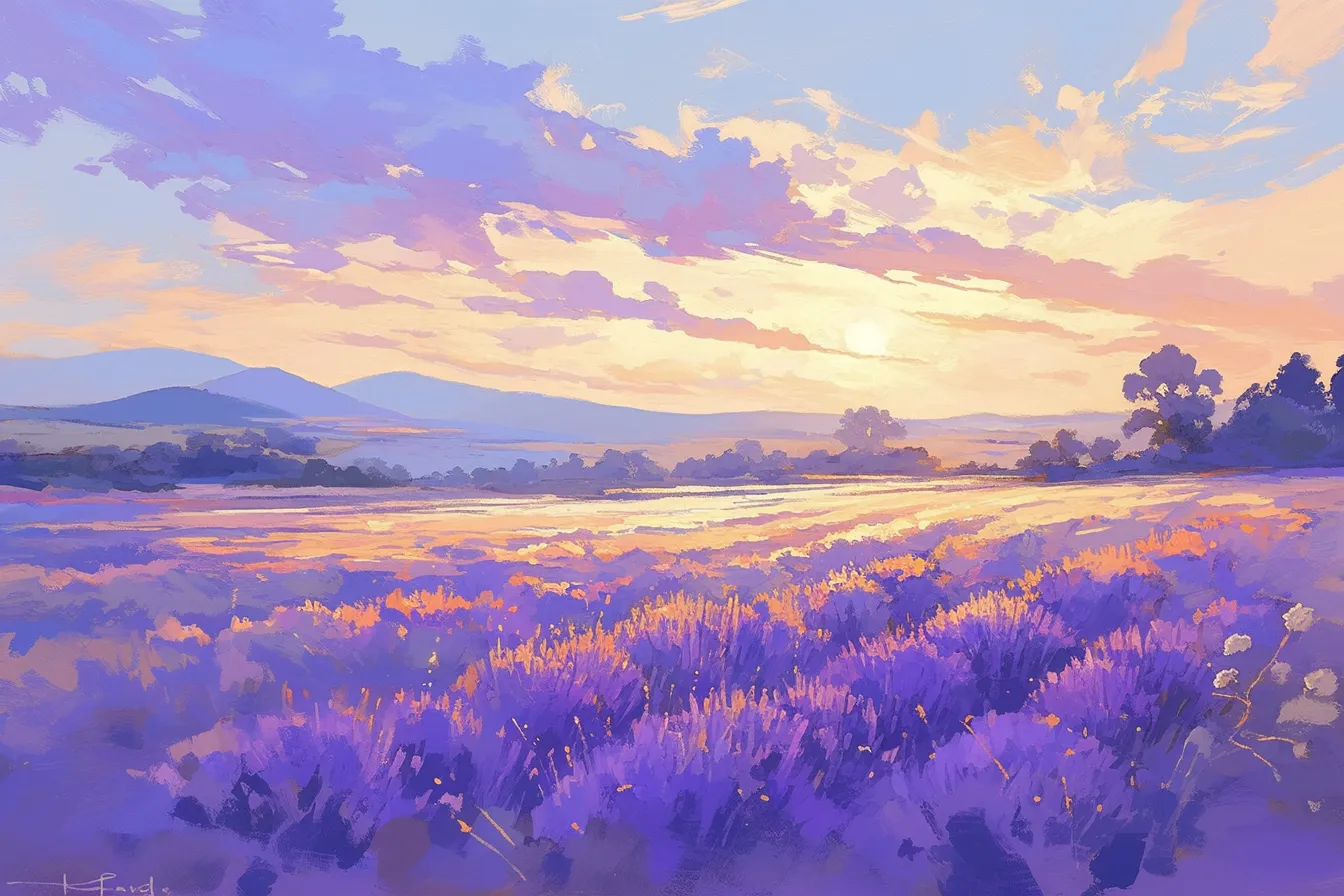 夕陽の光を浴びるラベンダーの絵｜夕陽に照らされた畑が鮮やかに輝くラベンダーの絵。柔らかな筆致と光の表現が、商品イメージやブランド広告に彩りを与える効果を持っています。
