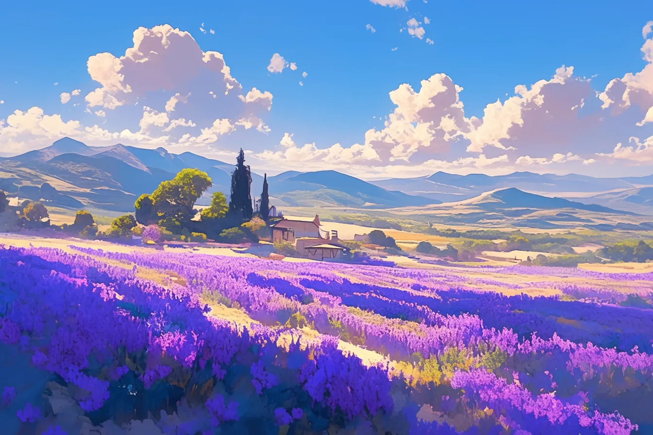 山並みと集落を背景にしたラベンダーの絵｜遠くの山並みと集落を背景に描かれたラベンダーの絵。雄大な自然と文化的な要素を両立し、観光や不動産関連のプロモーションに活用できます。
